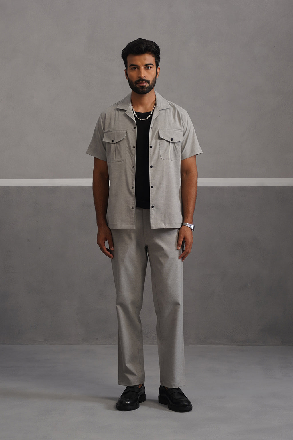 Italian Linen Lycra Double Pocket Coord Set - Grey