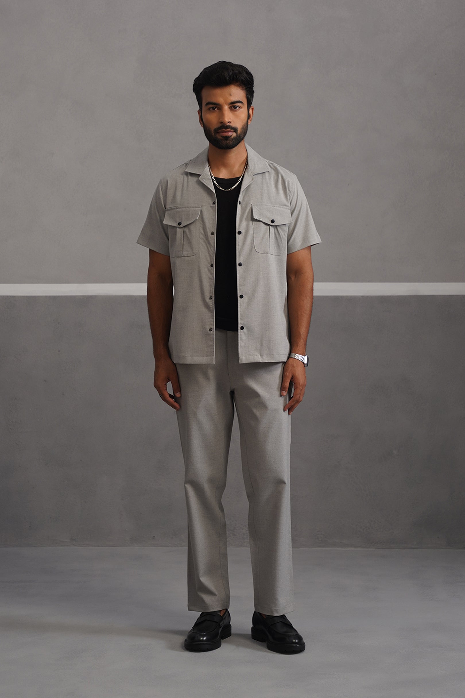 Italian Linen Lycra Double Pocket Coord Set - Grey
