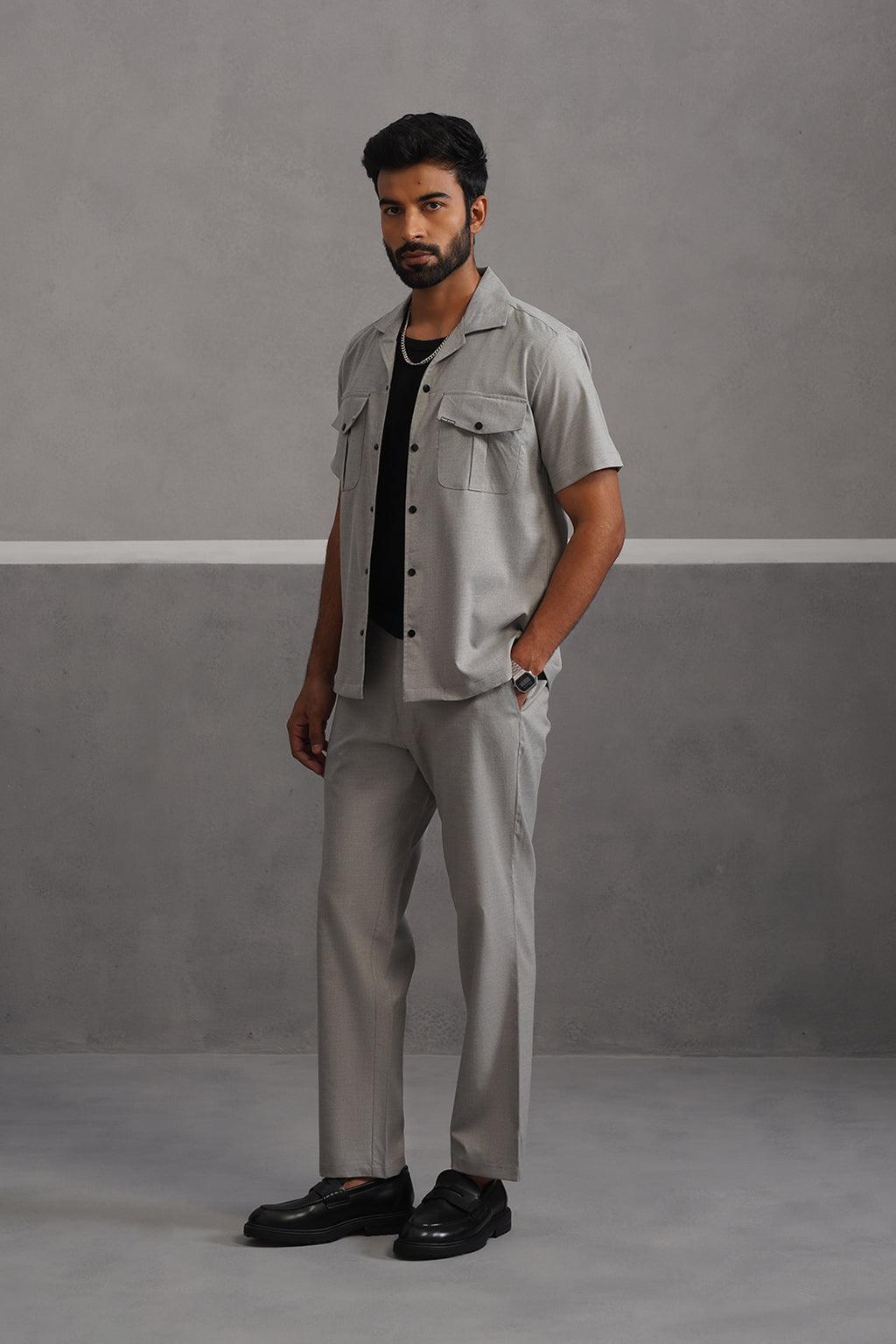 Italian Linen Lycra Double Pocket Coord Set - Grey
