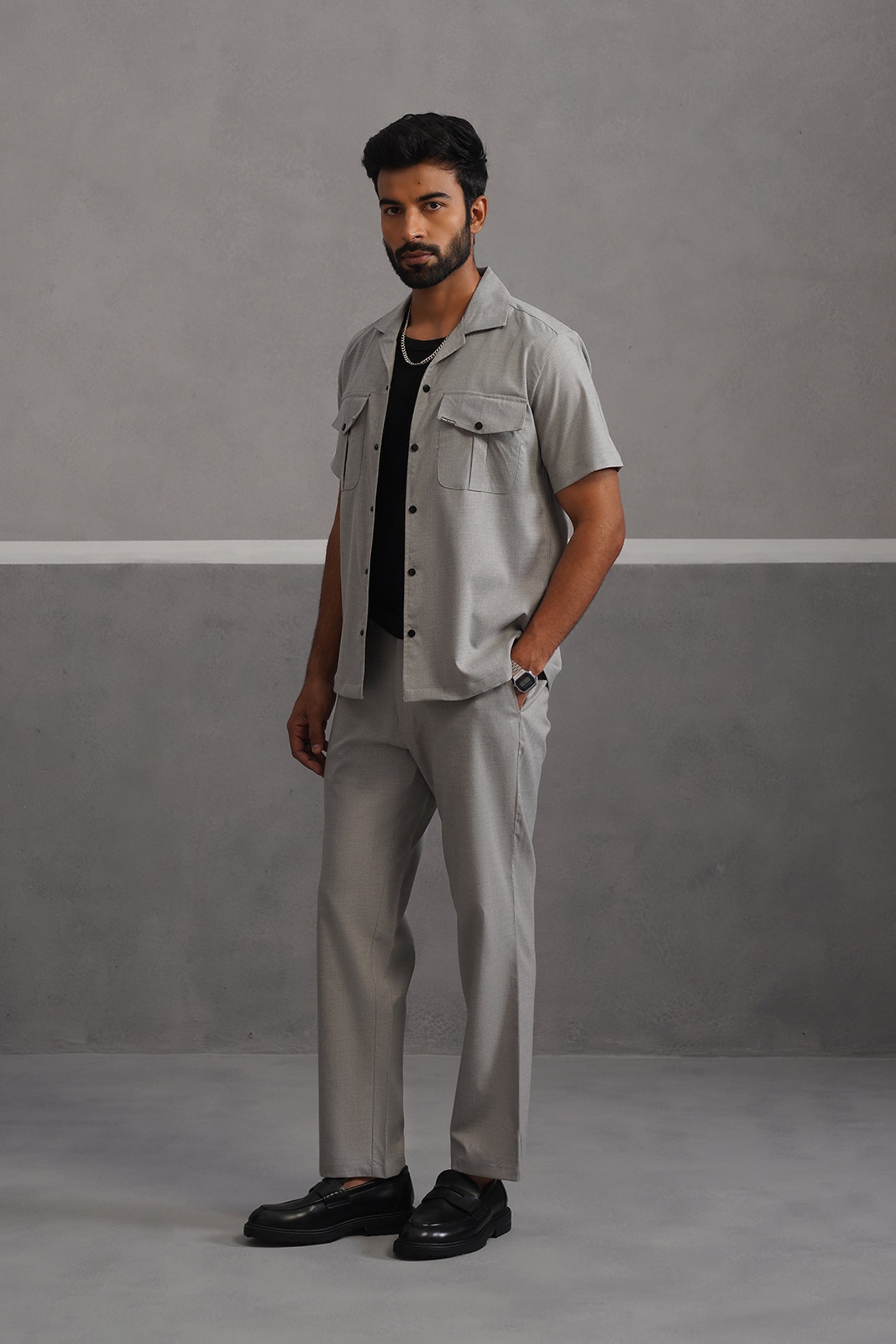 Italian Linen Lycra Double Pocket Coord Set - Grey