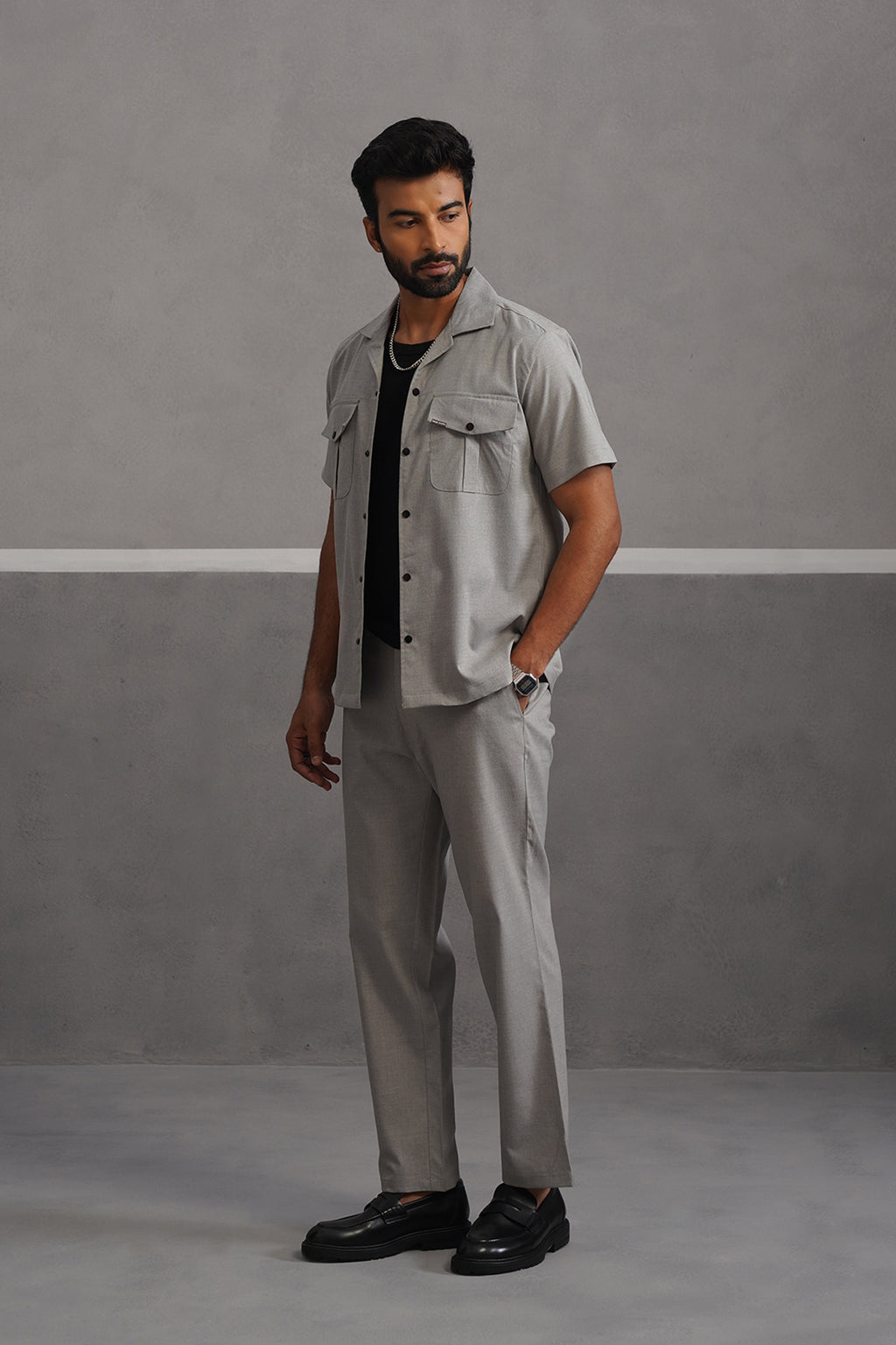 Italian Linen Lycra Double Pocket Coord Set - Grey