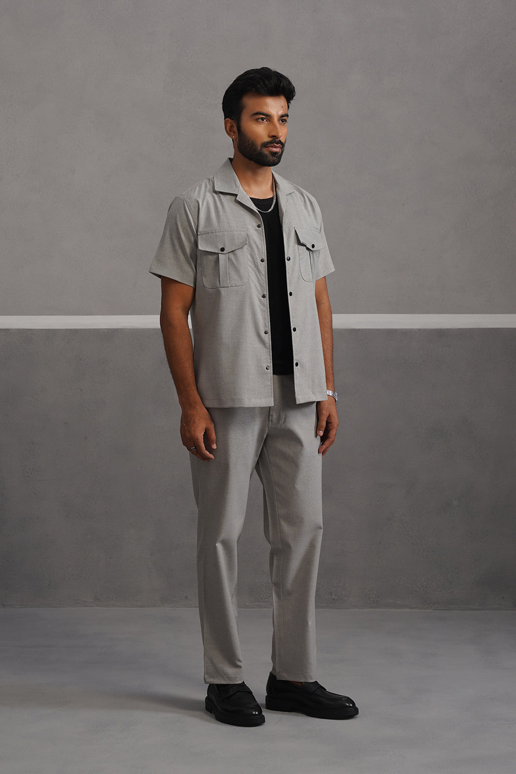 Italian Linen Lycra Double Pocket Coord Set - Grey