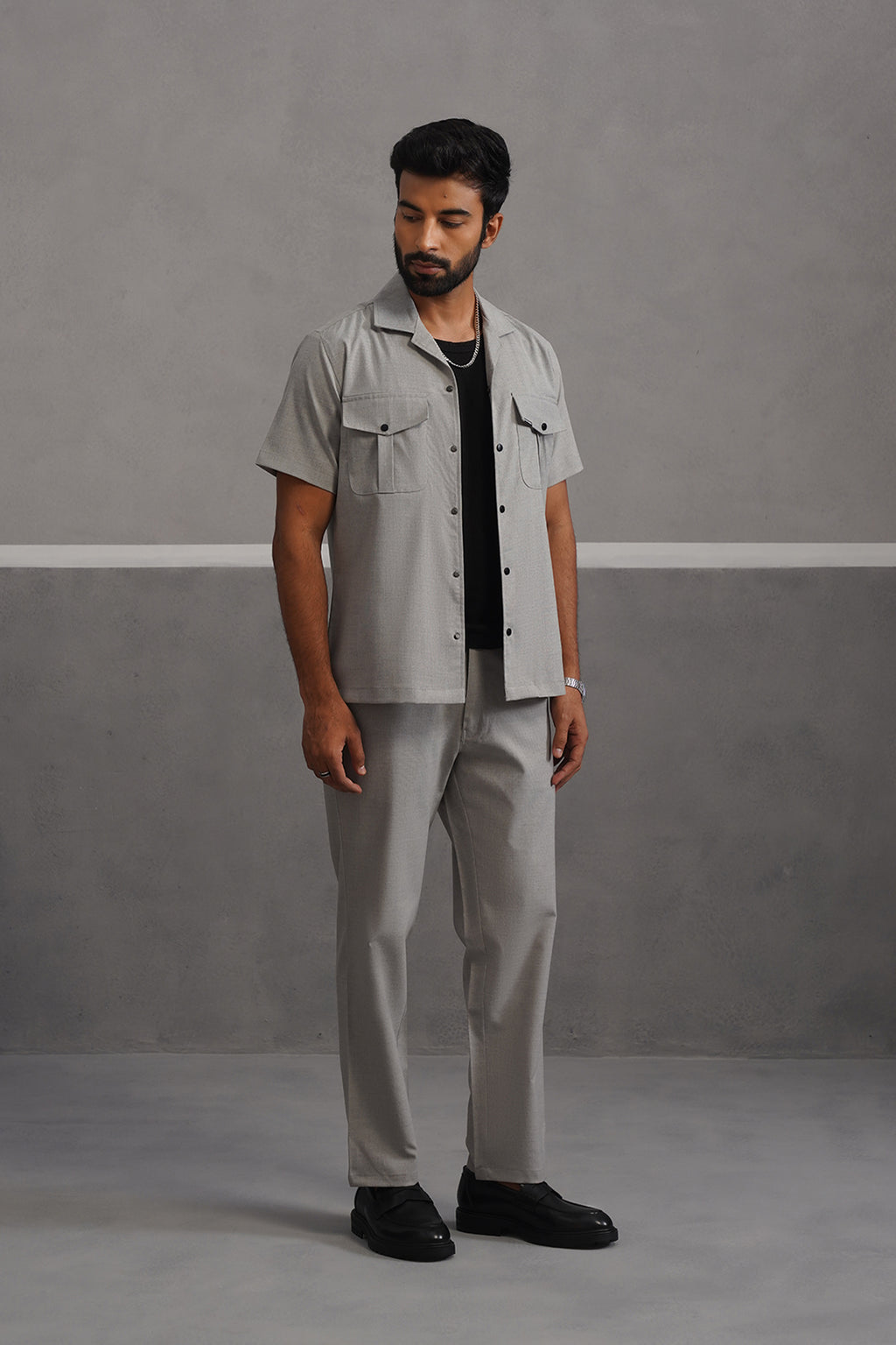Italian Linen Lycra Double Pocket Coord Set - Grey