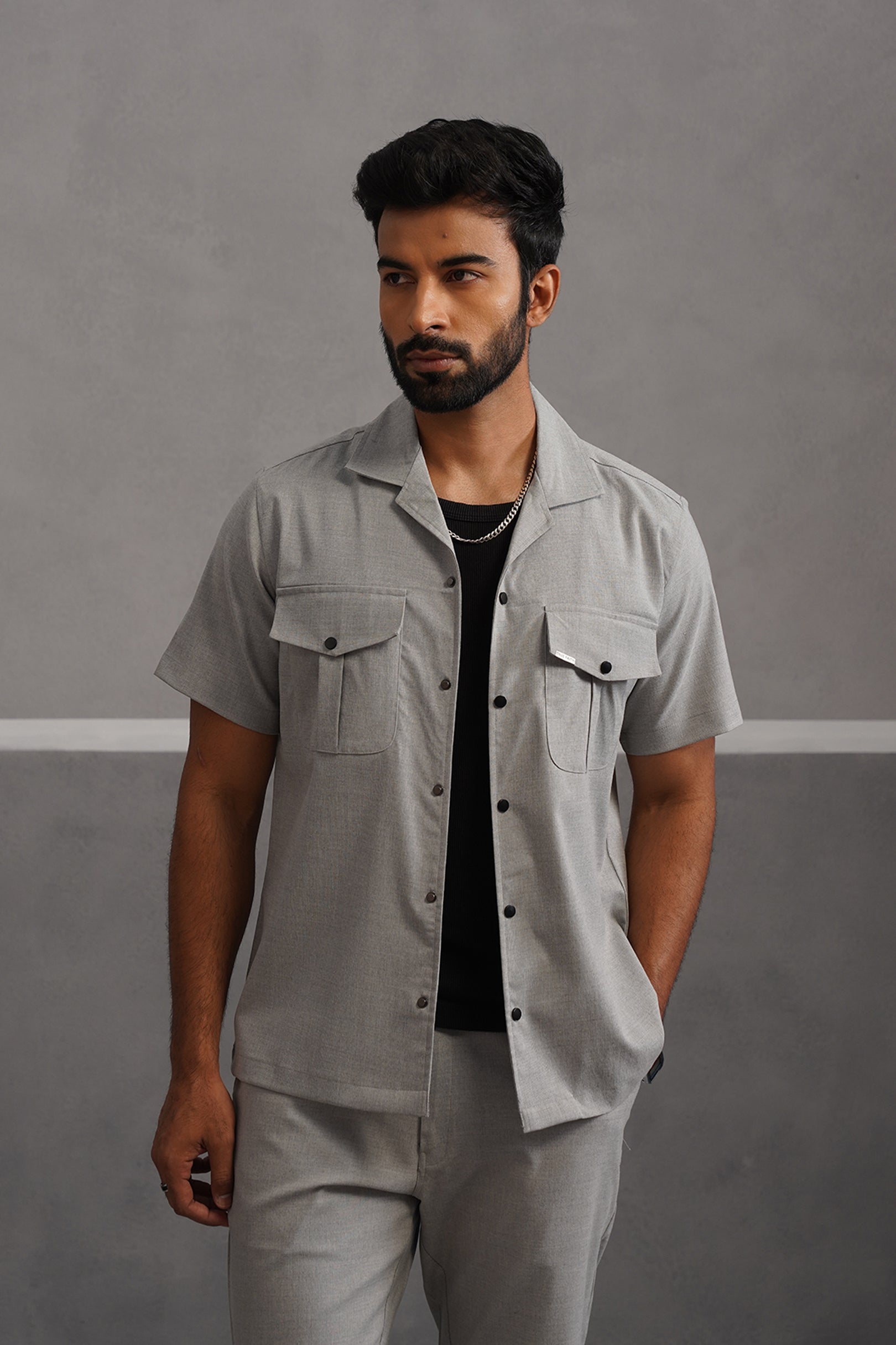 Italian Linen Lycra Double pocket Shirt - Grey