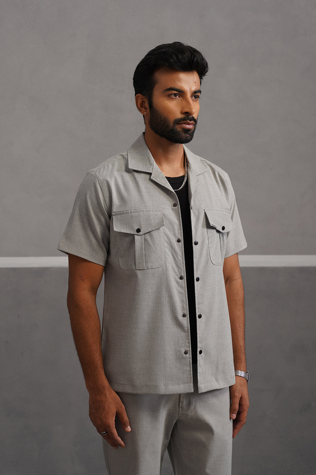 Italian Linen Lycra Double pocket Shirt - Grey