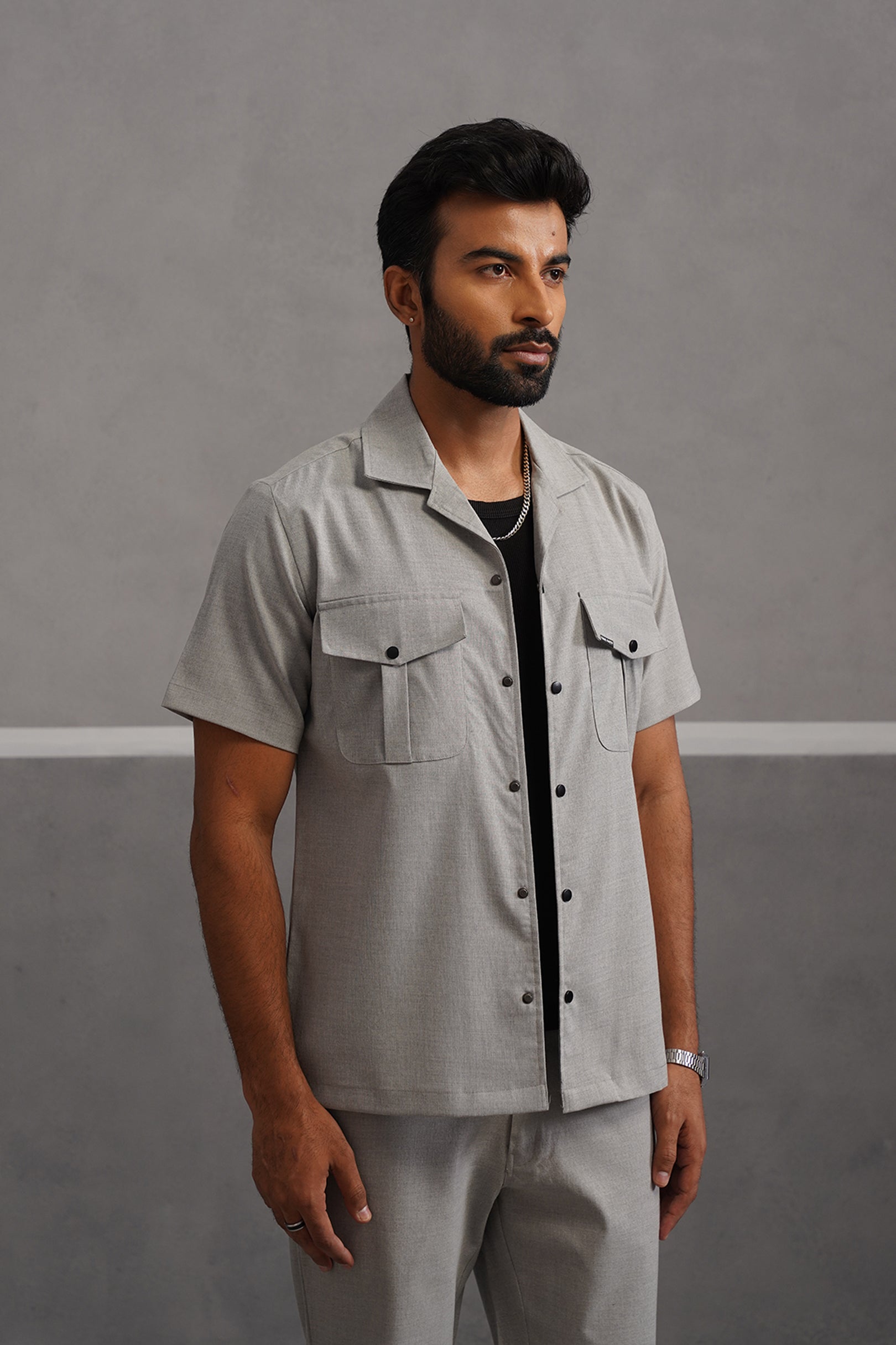 Italian Linen Lycra Double pocket Shirt - Grey