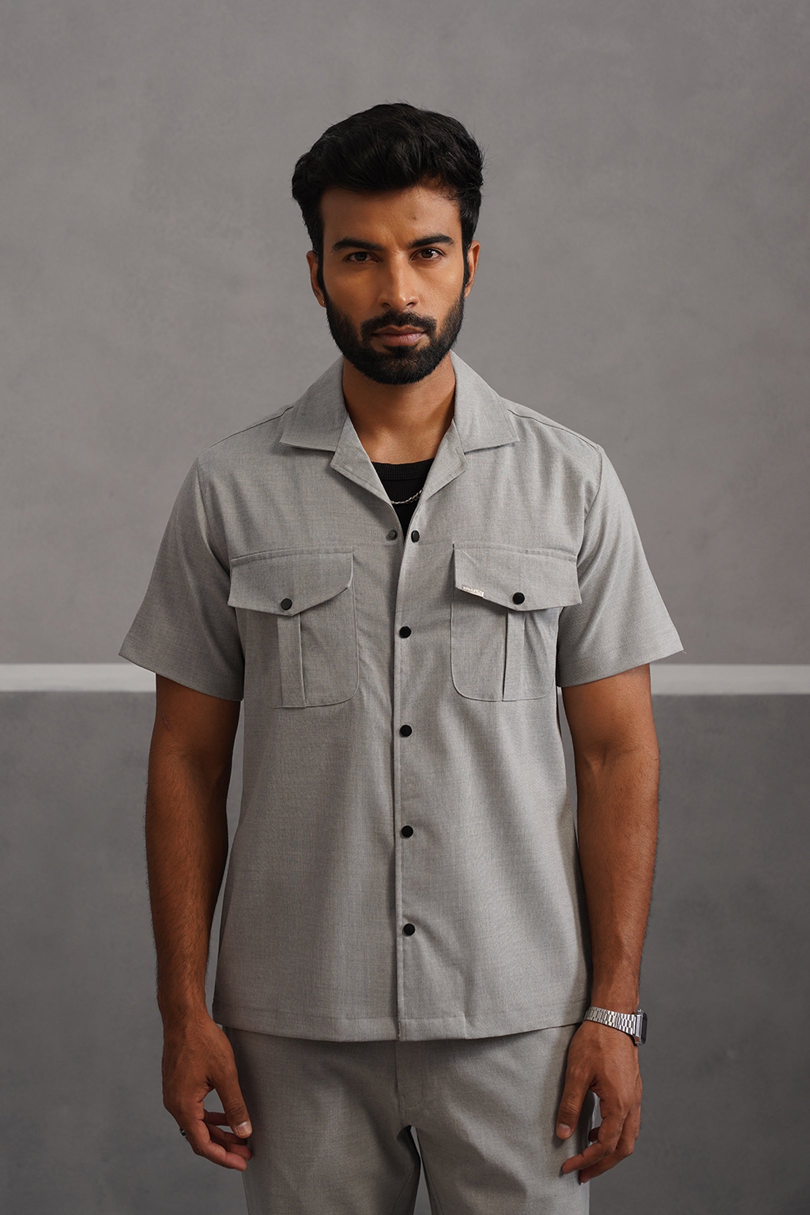 Italian Linen Lycra Double pocket Shirt - Grey