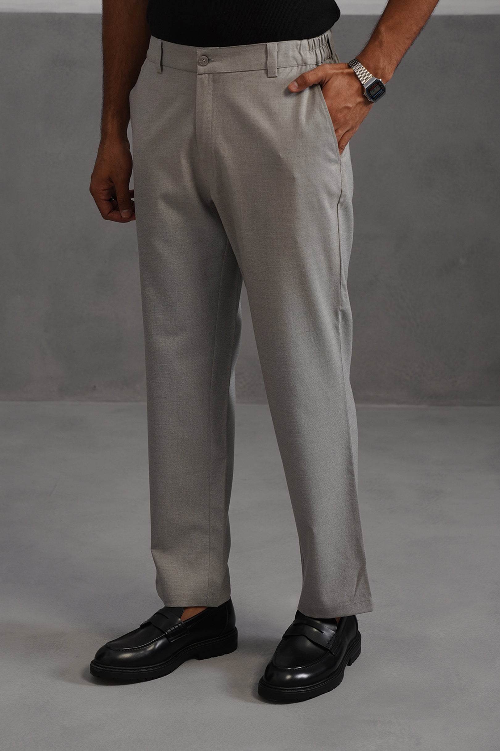 Linen Lycra Tailored Fit Flexi Wasit Trouser - Grey