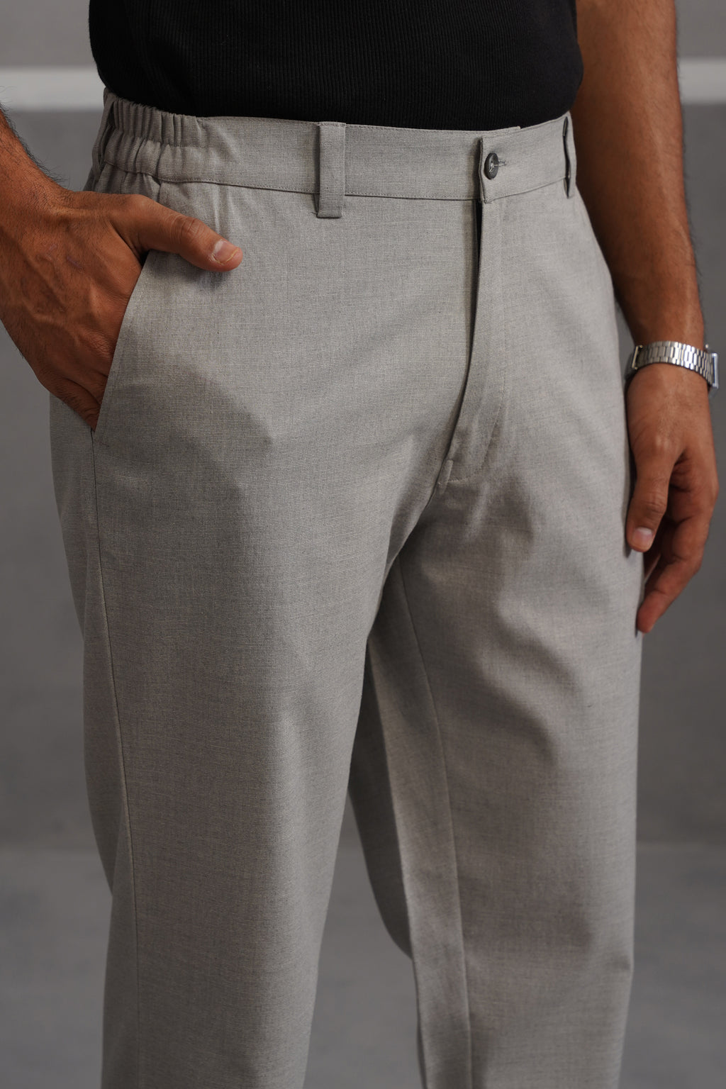 Linen Lycra Tailored Fit Flexi Wasit Trouser - Grey