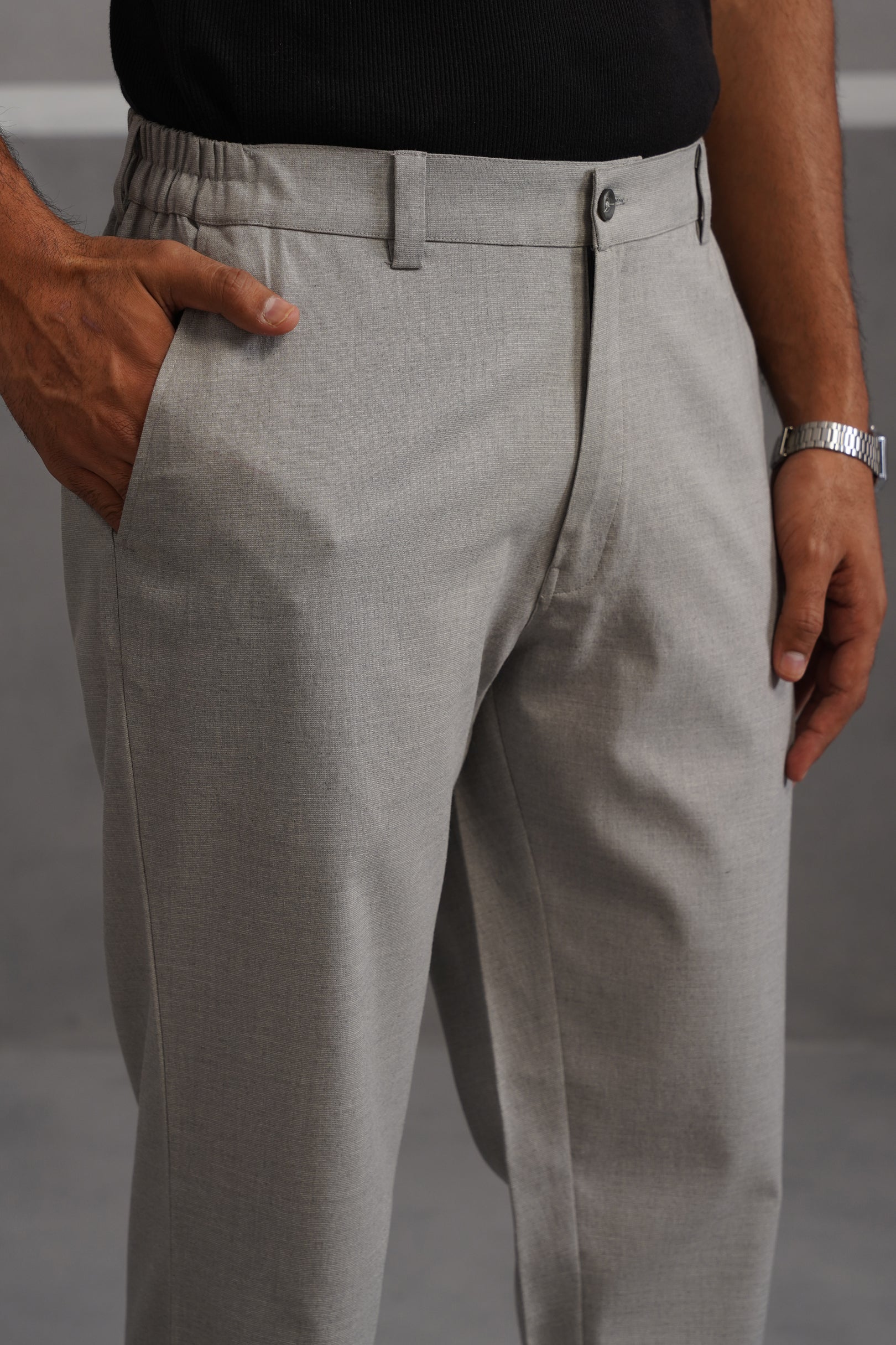 Linen Lycra Tailored Fit Flexi Wasit Trouser - Grey