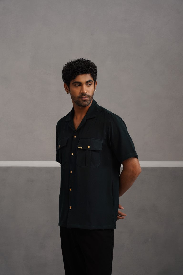 Korean Lycra Luxe Half Sleeve Double Pocket Shirt - Bottle Green