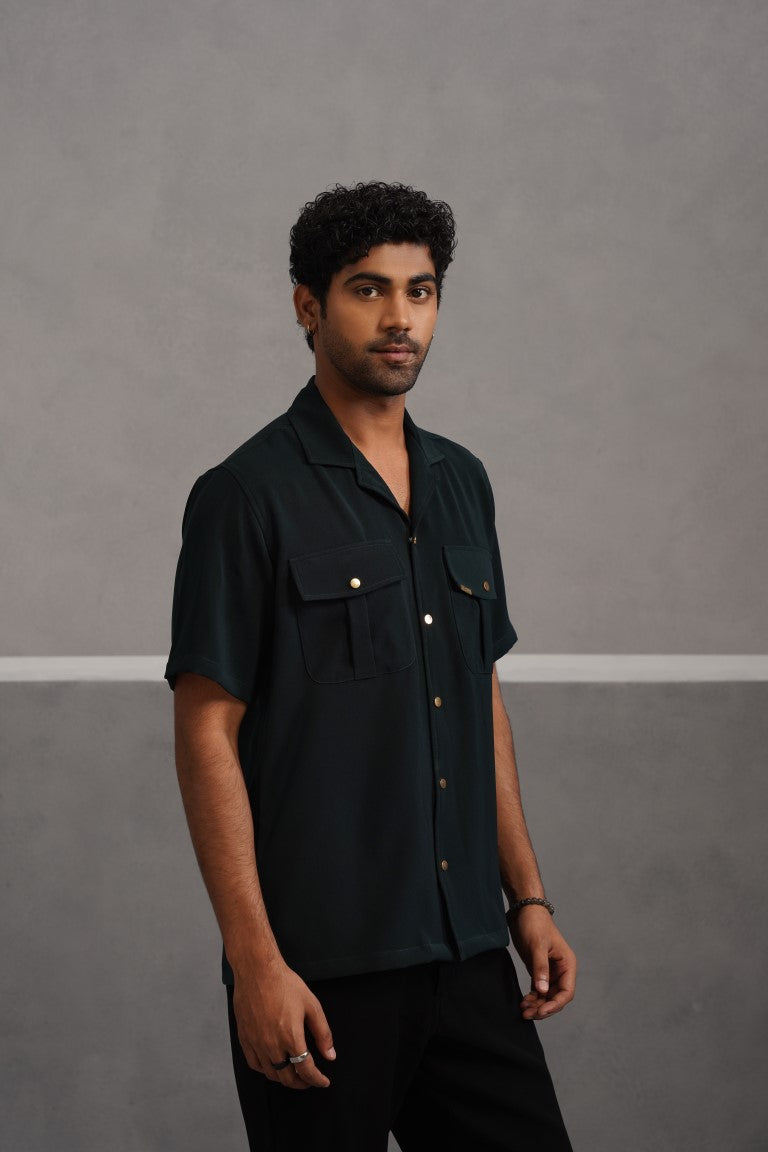 Korean Lycra Luxe Half Sleeve Double Pocket Shirt - Bottle Green