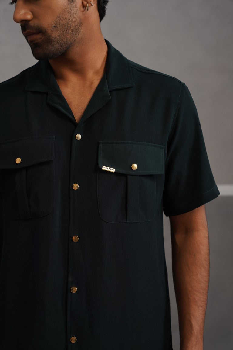 Korean Lycra Luxe Half Sleeve Double Pocket Shirt - Bottle Green