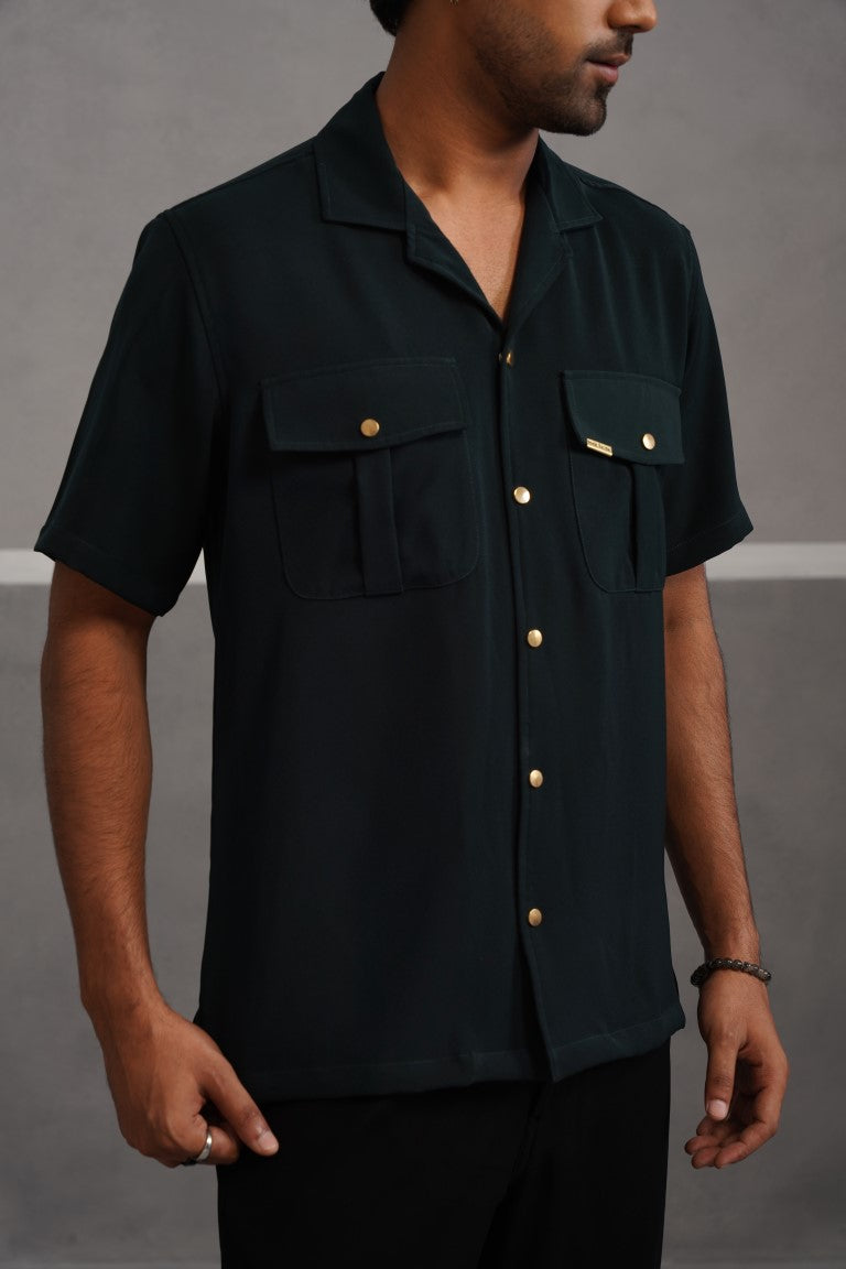 Korean Lycra Luxe Half Sleeve Double Pocket Shirt - Bottle Green