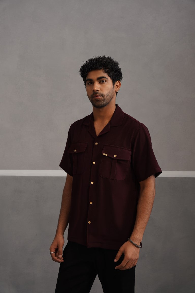 Korean Lycra Luxe Half Sleeve Double Pocket Shirt - Wine
