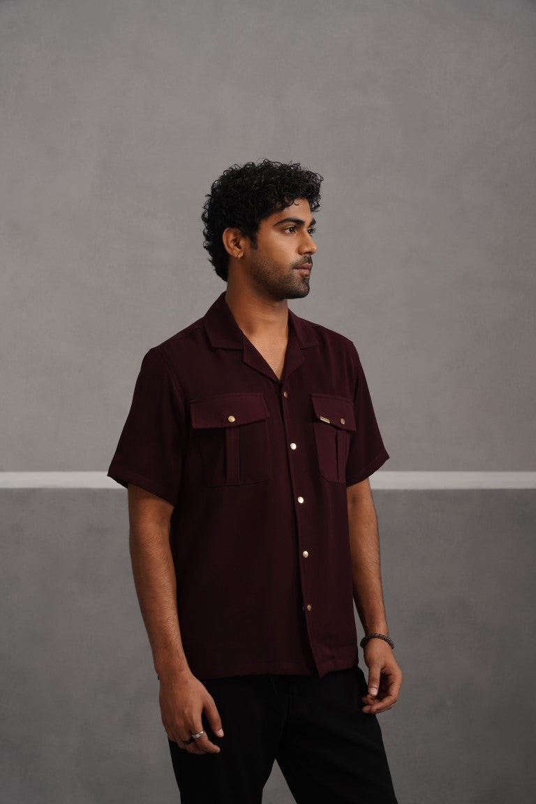 Korean Lycra Luxe Half Sleeve Double Pocket Shirt - Wine