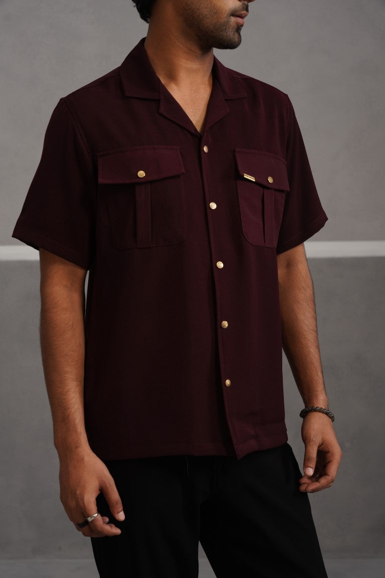 Korean Lycra Luxe Half Sleeve Double Pocket Shirt - Wine