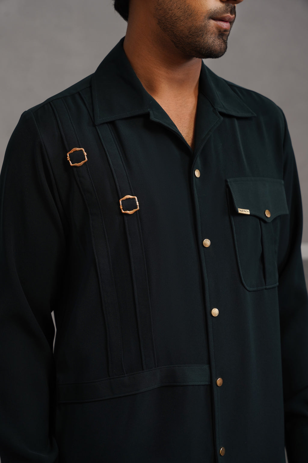 Korean Lycra Elite Full Sleeve Buckle Shirt - Bottle Green