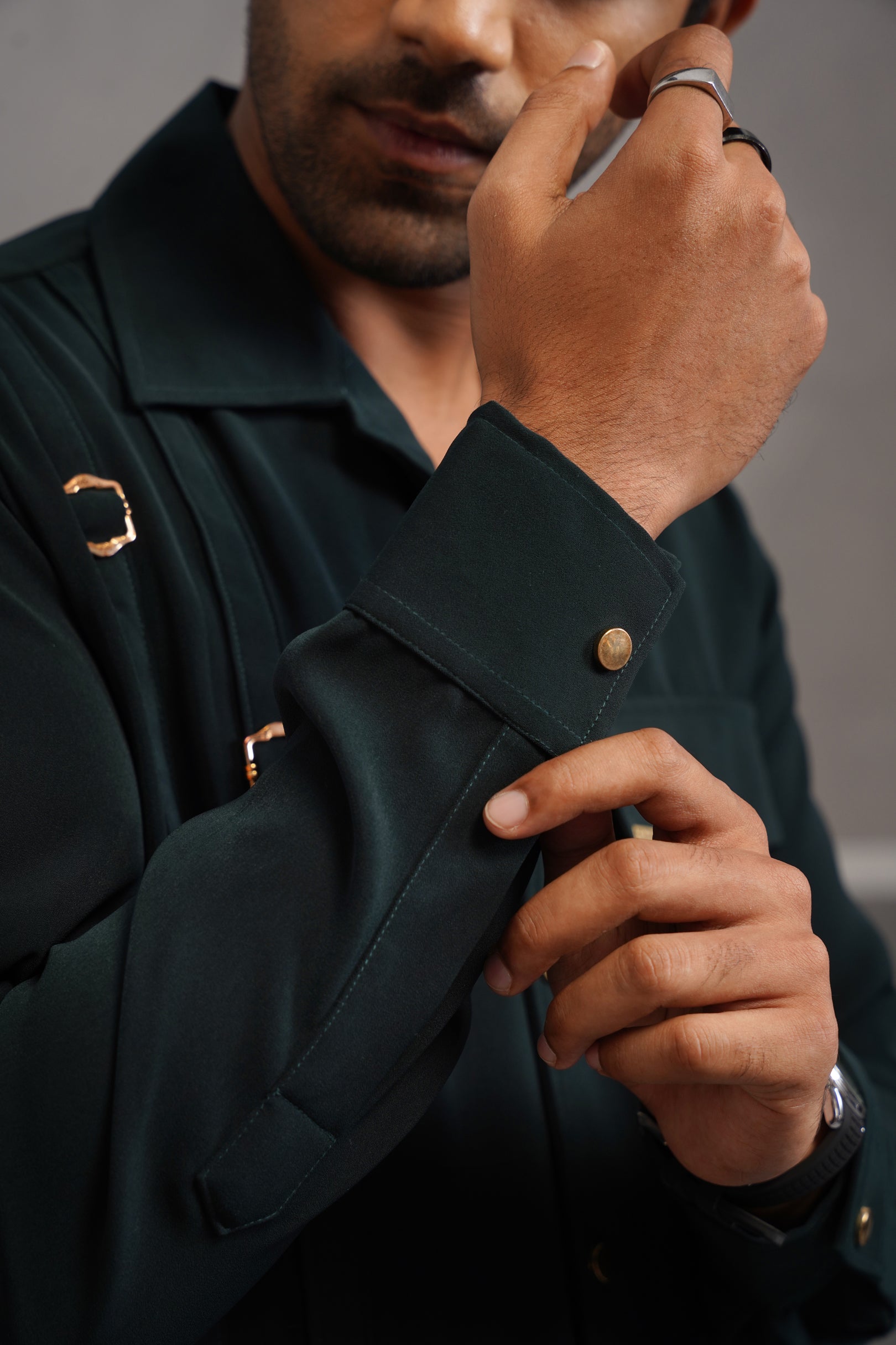 Korean Lycra Elite Full Sleeve Buckle Shirt - Bottle Green
