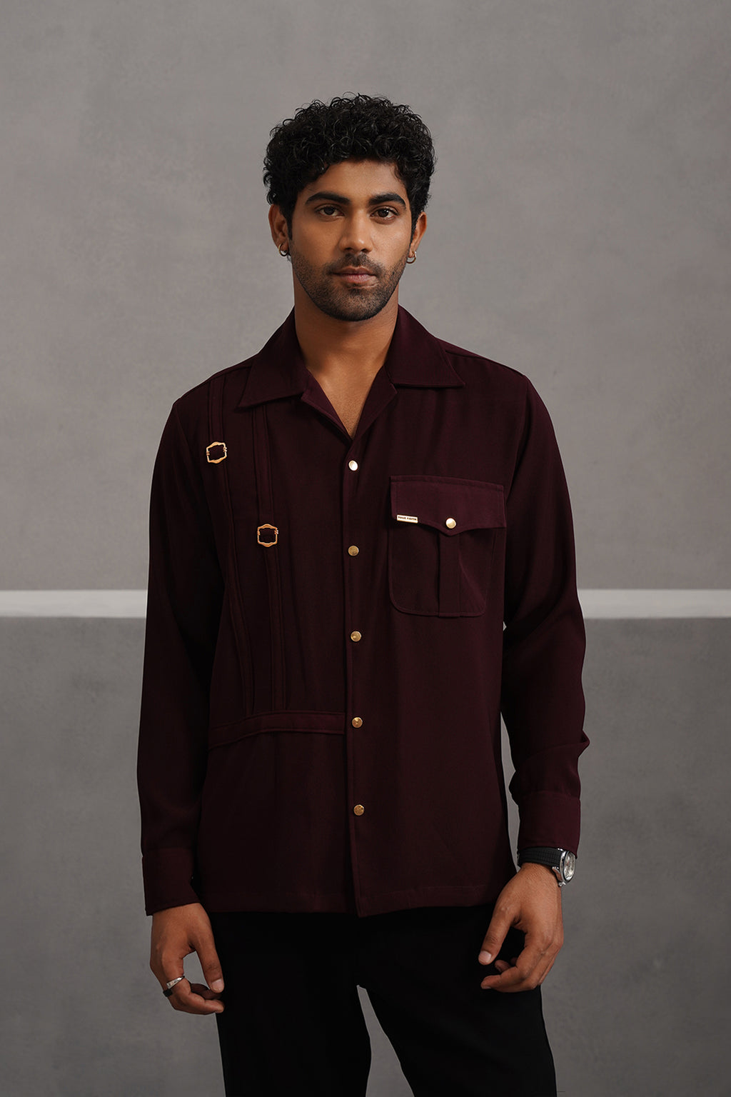 Korean Lycra Elite Full Sleeve Buckle Shirt -Wine