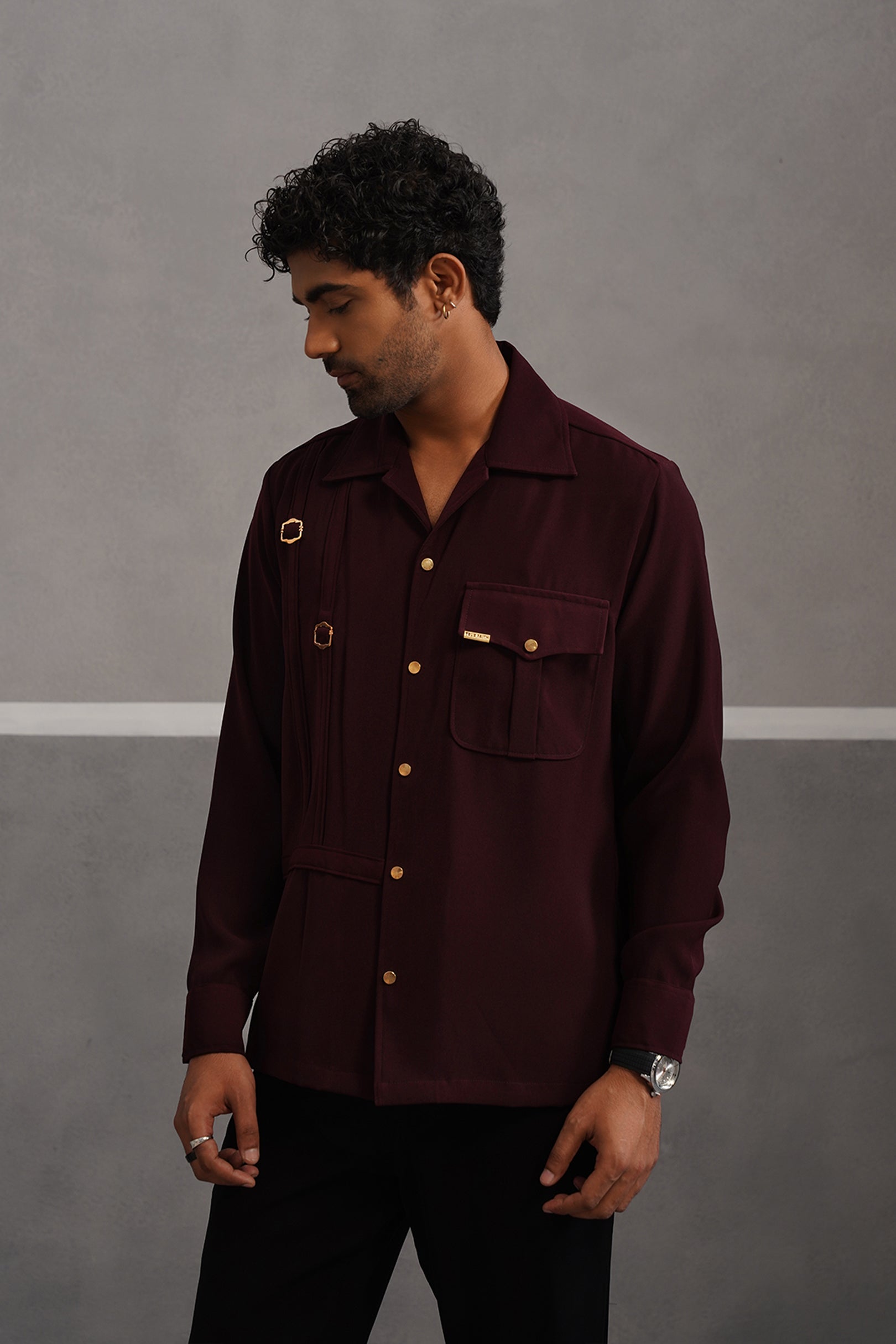 Korean Lycra Elite Full Sleeve Buckle Shirt -Wine