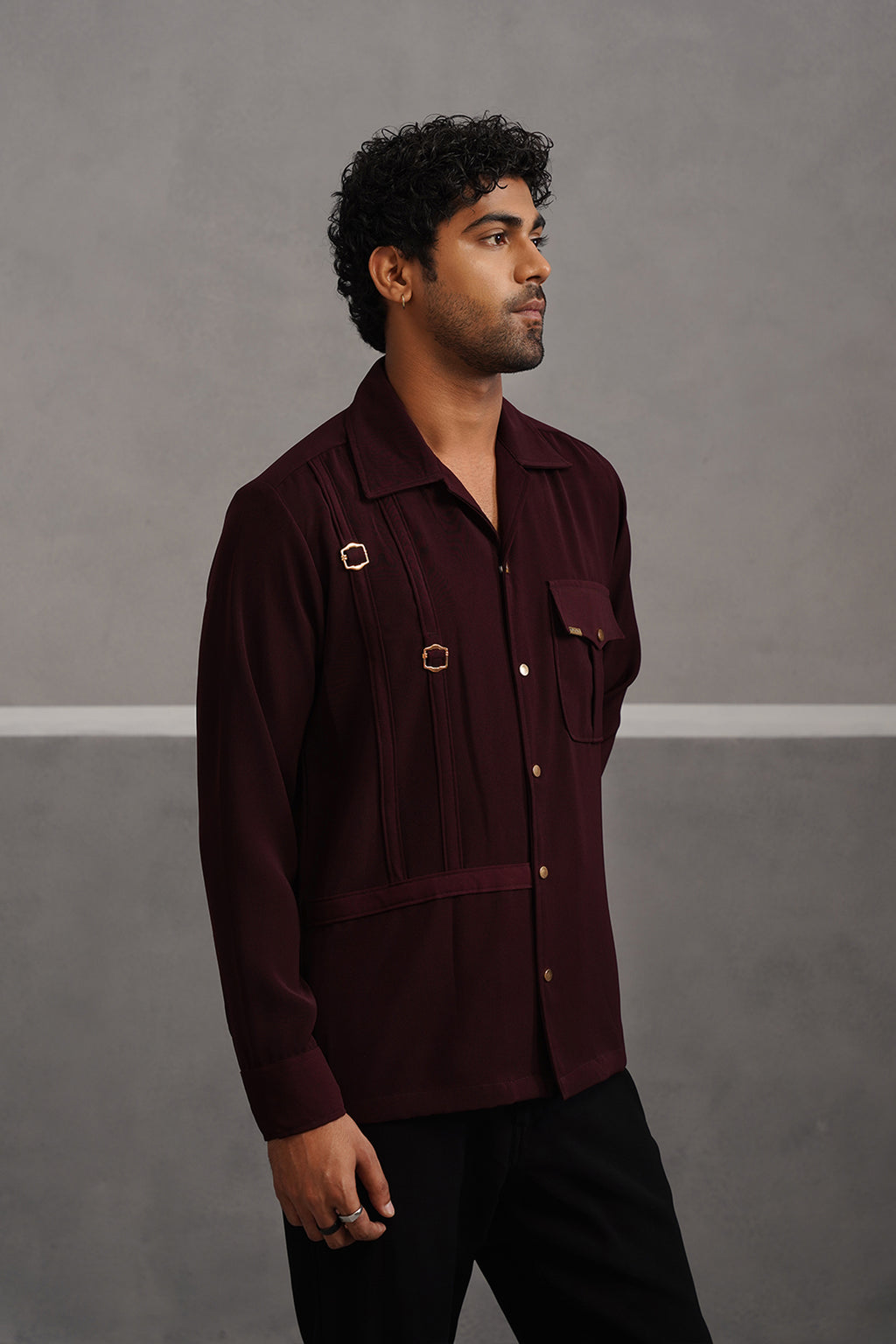 Korean Lycra Elite Full Sleeve Buckle Shirt -Wine