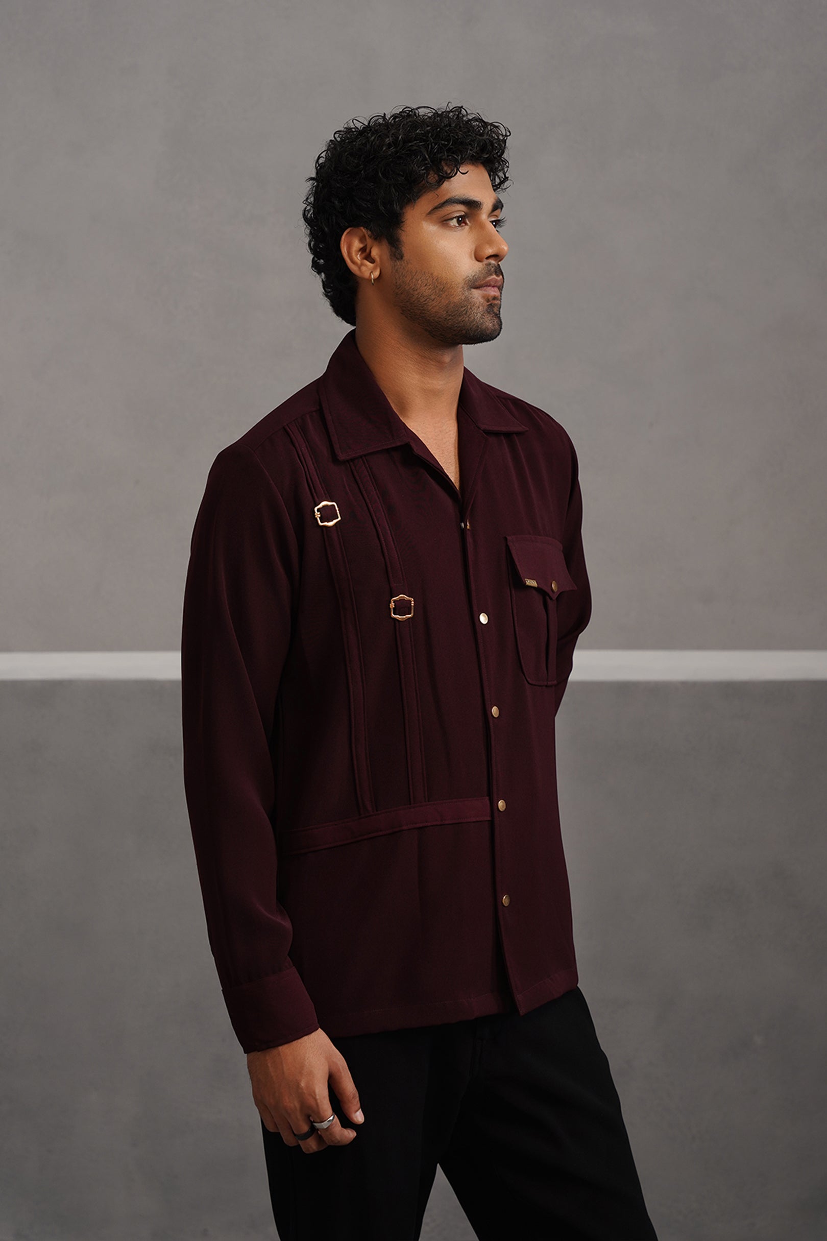 Korean Lycra Elite Full Sleeve Buckle Shirt -Wine