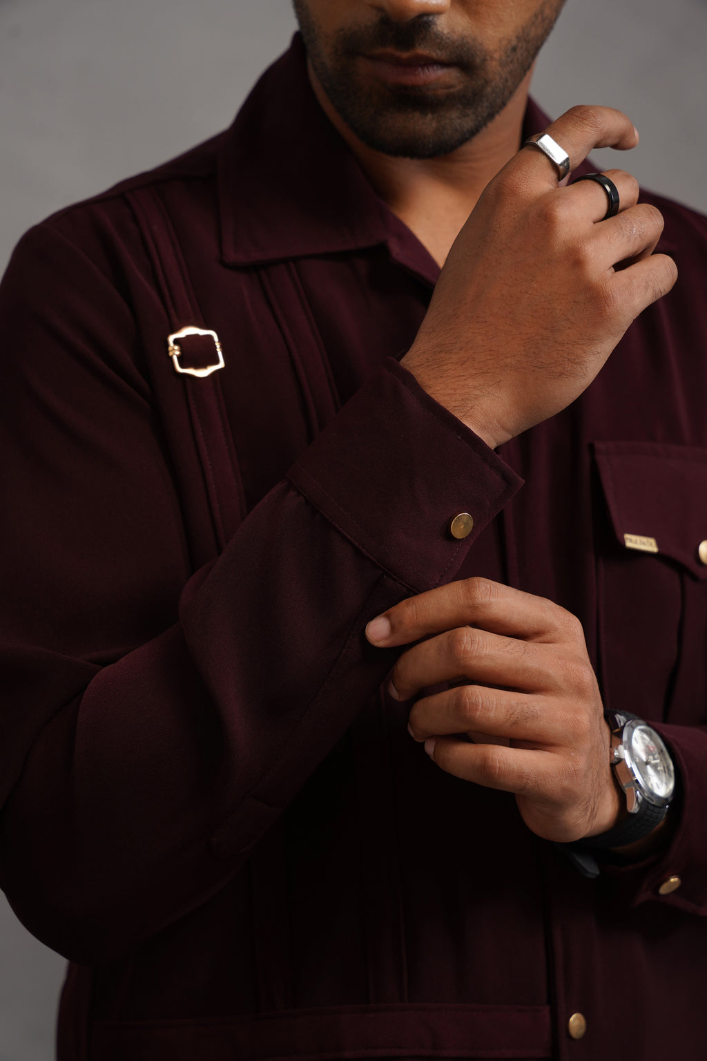 Korean Lycra Elite Full Sleeve Buckle Shirt -Wine