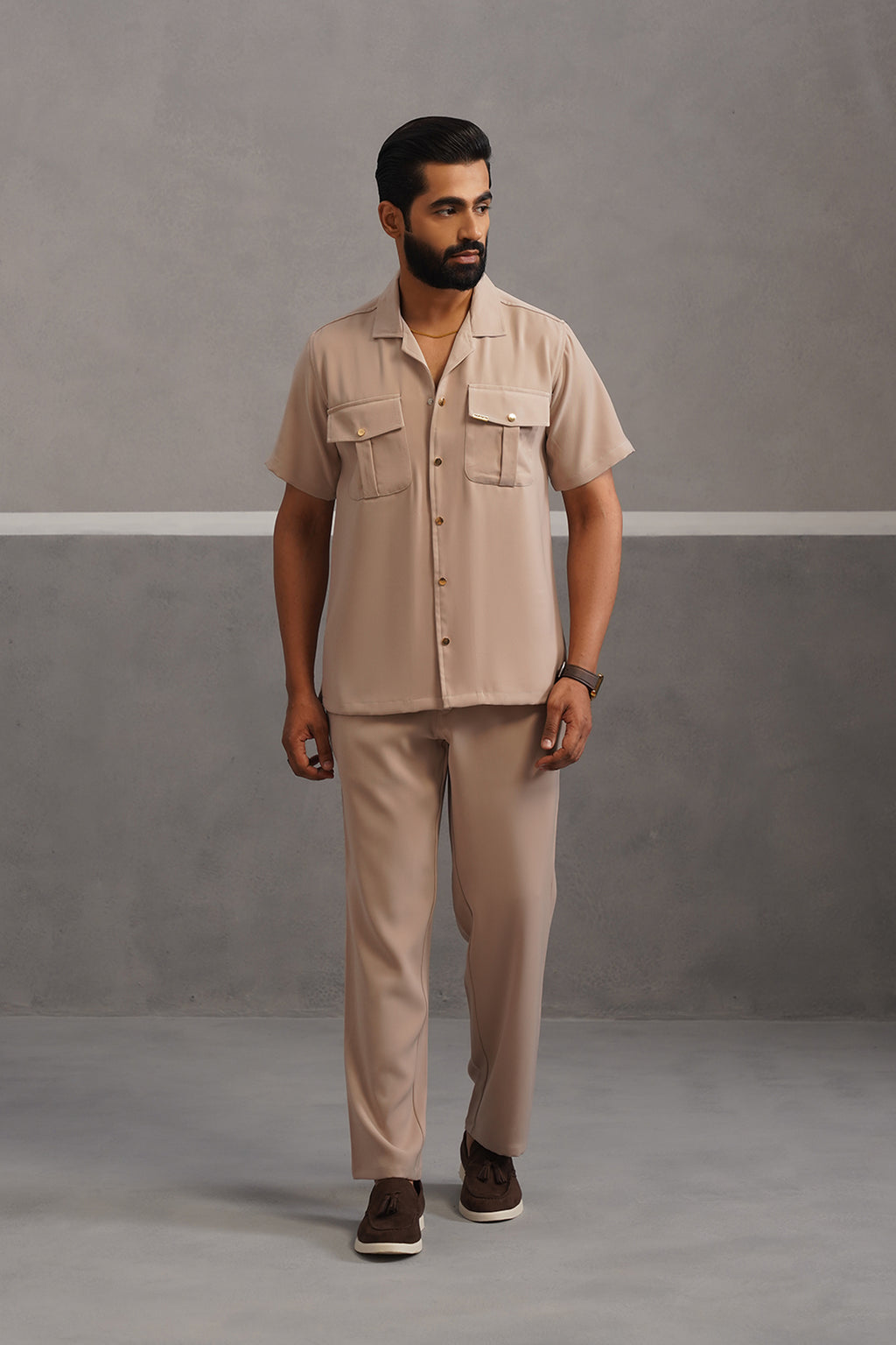Half Sleeve Korean Lycra Co-ord Set - Beige
