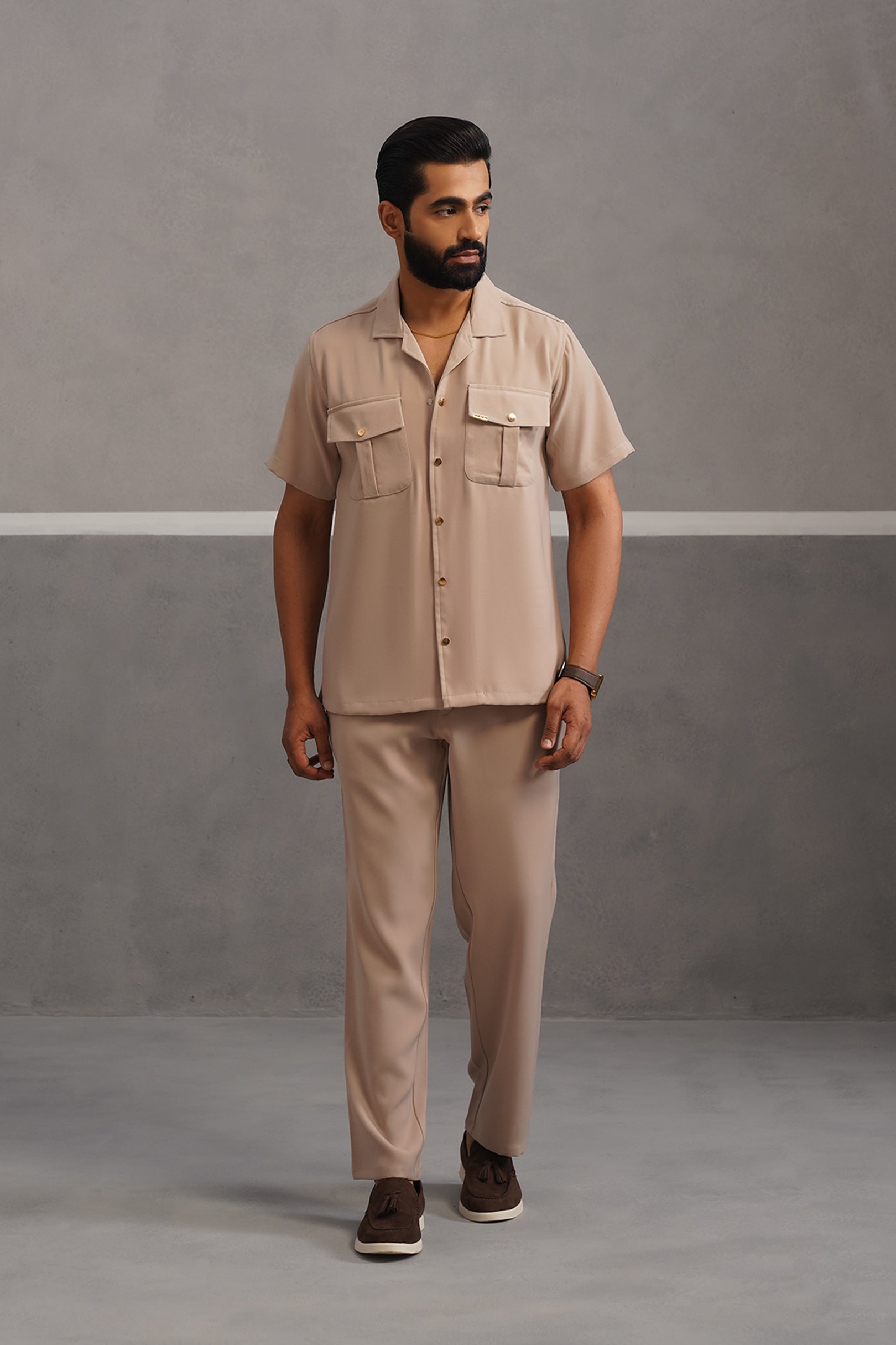 Half Sleeve Korean Lycra Co-ord Set - Beige