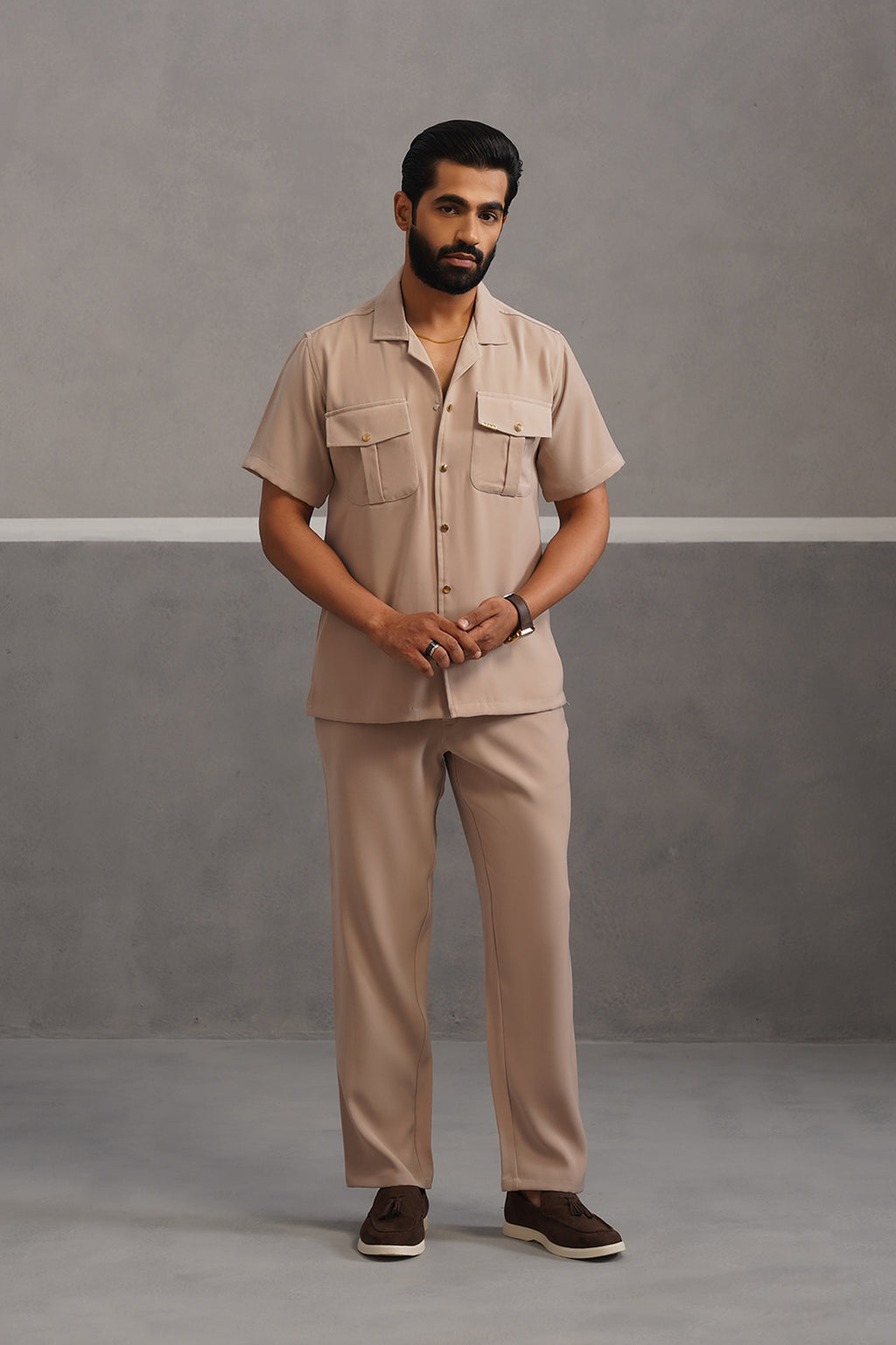 Half Sleeve Korean Lycra Co-ord Set - Beige