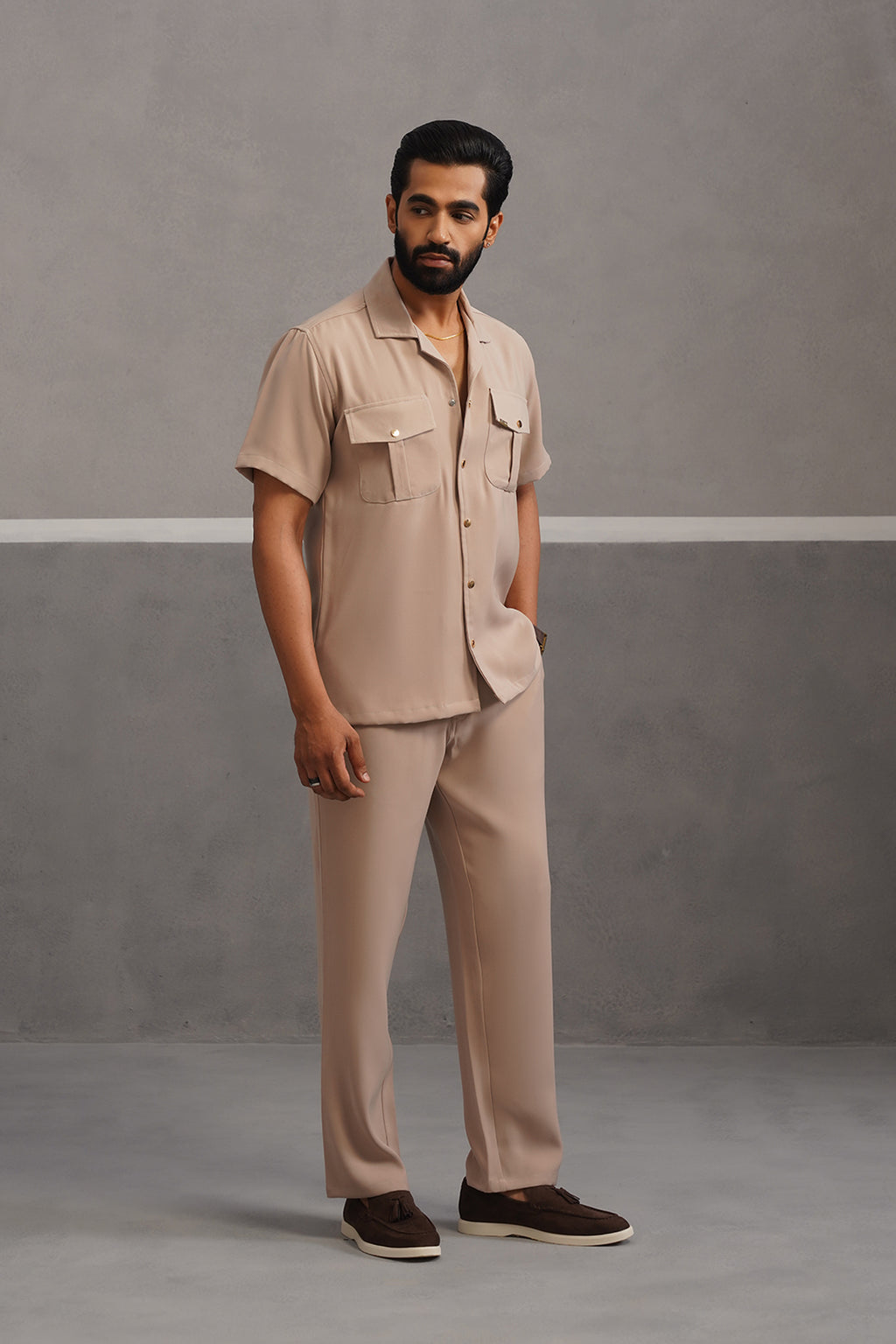 Half Sleeve Korean Lycra Co-ord Set - Beige