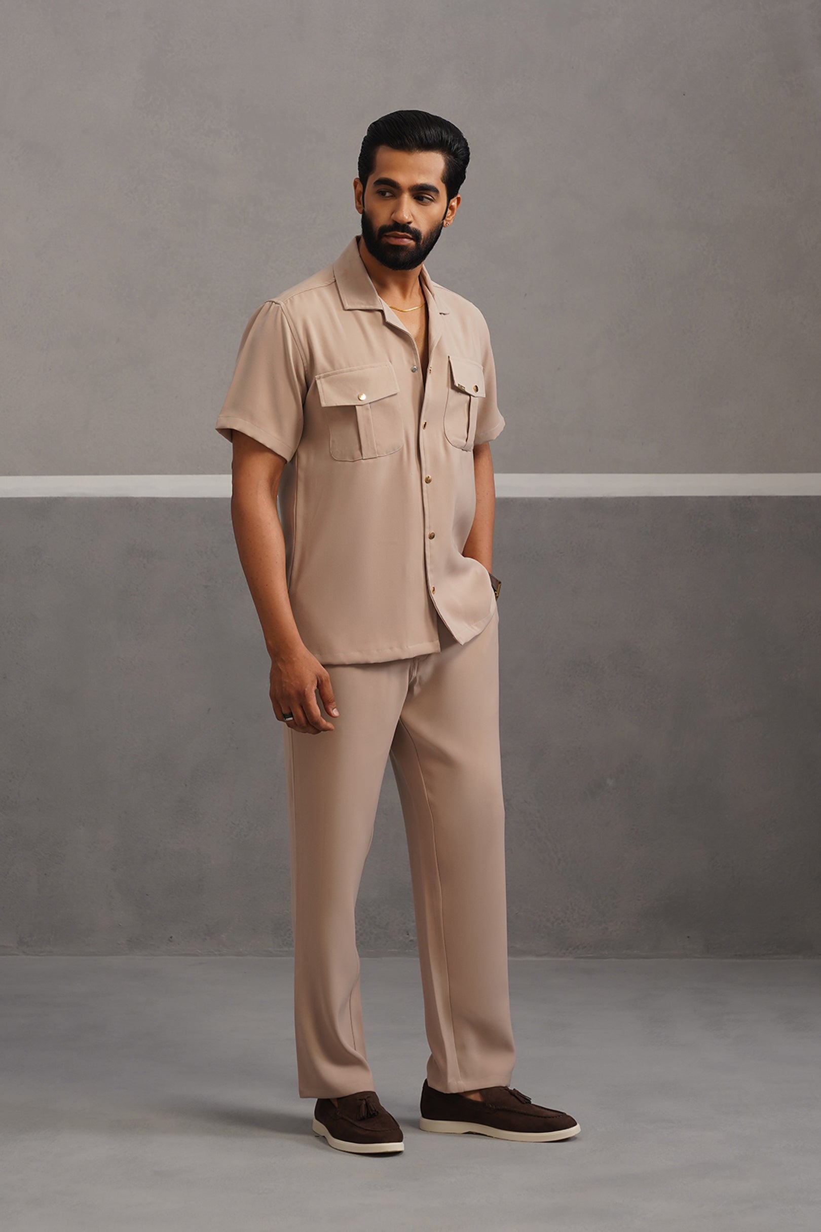 Half Sleeve Korean Lycra Co-ord Set - Beige