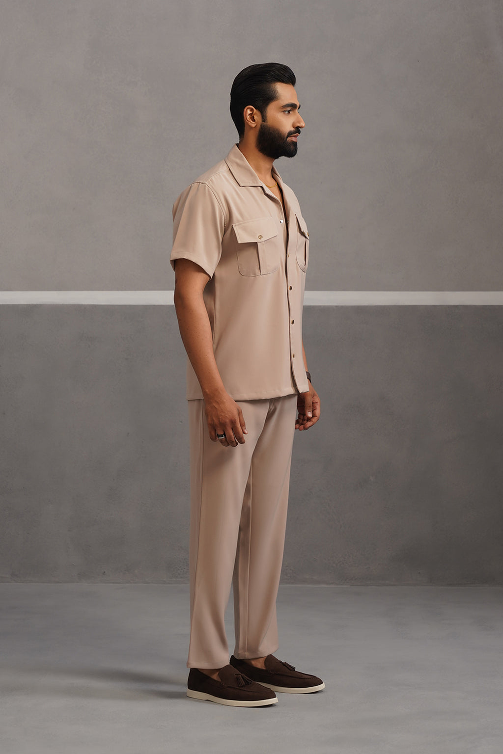 Half Sleeve Korean Lycra Co-ord Set - Beige
