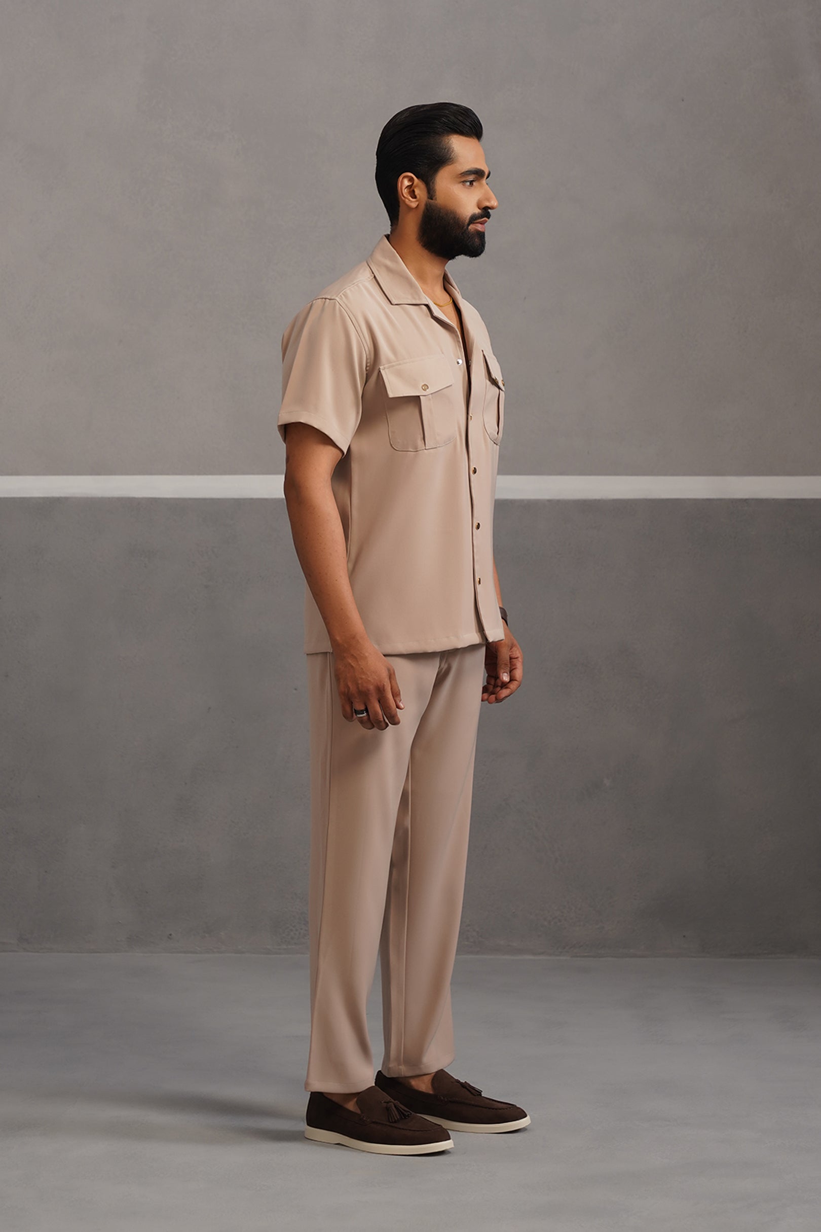 Half Sleeve Korean Lycra Co-ord Set - Beige