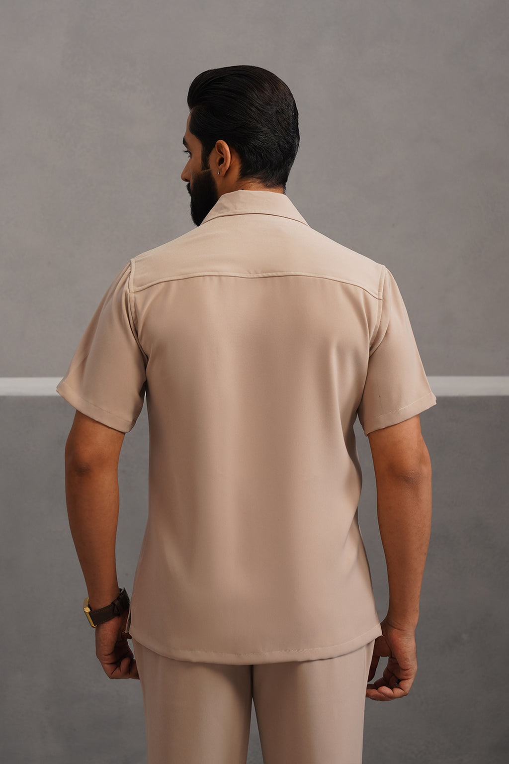 Korean Lycra Luxe Half Sleeve Double Pocket Shirt - beige
