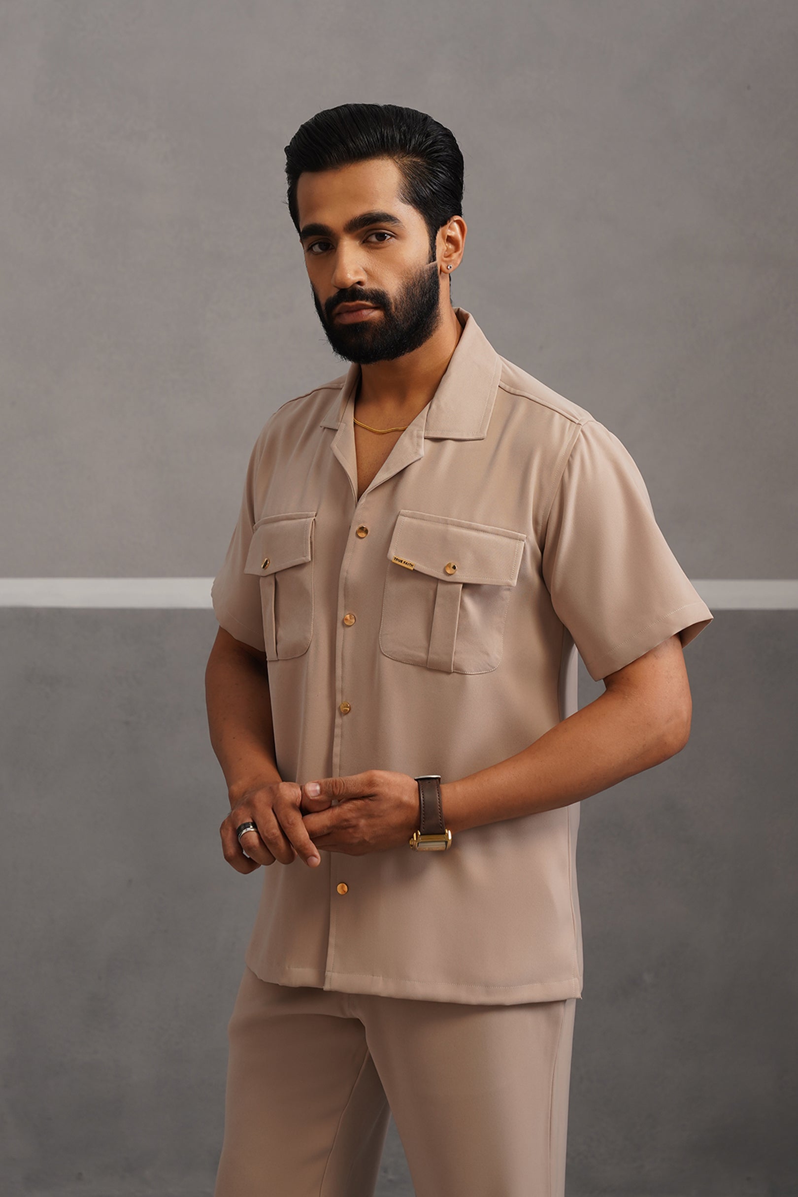 Korean Lycra Luxe Half Sleeve Double Pocket Shirt - beige