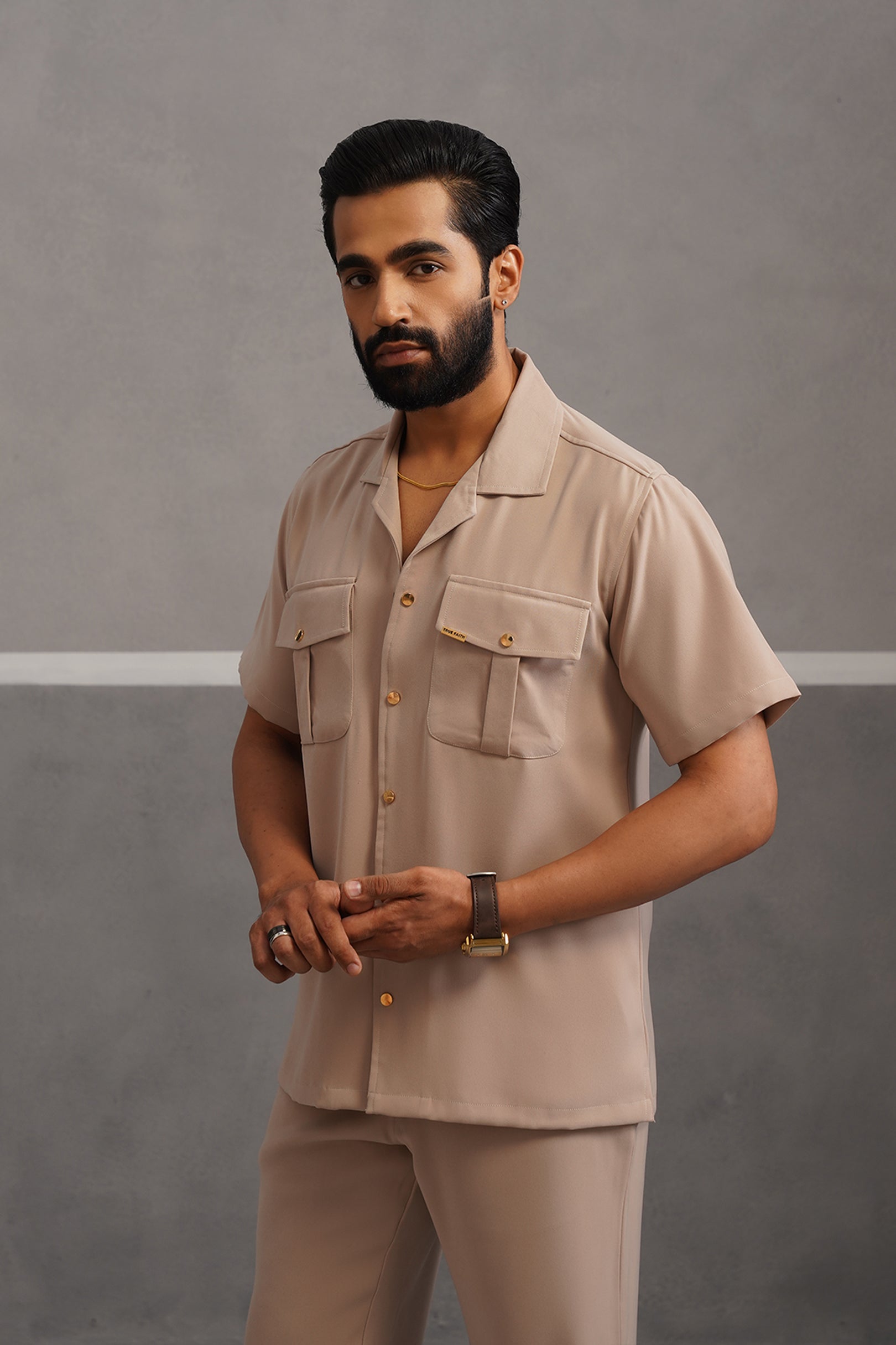 Half Sleeve Korean Lycra Co-ord Set - Beige