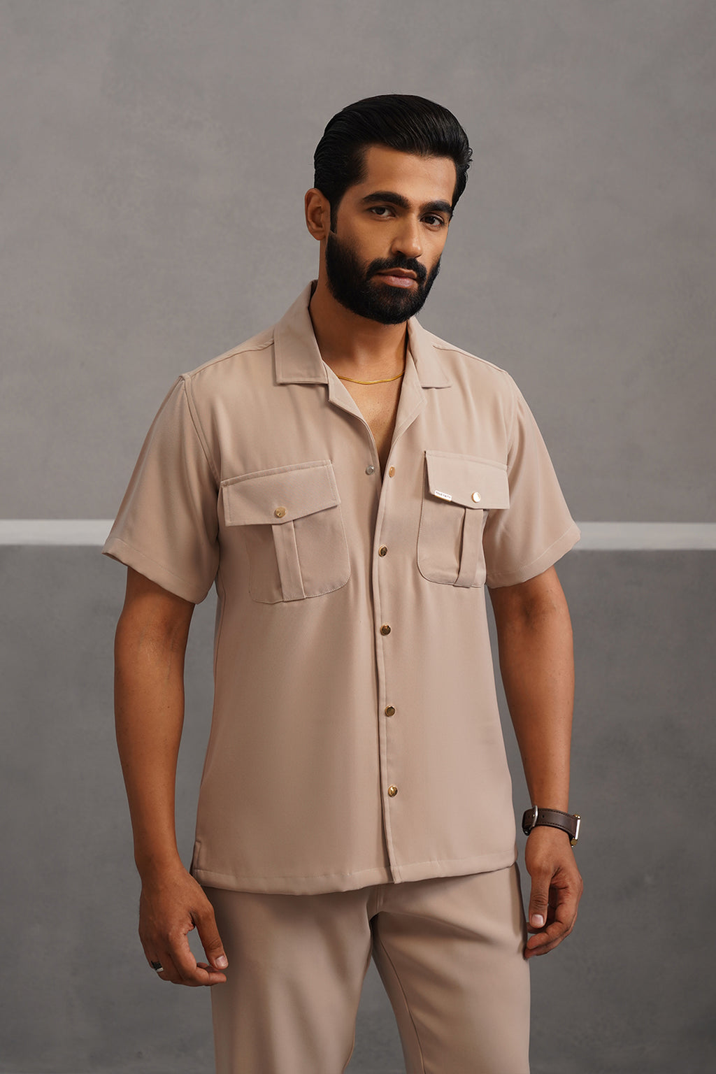 Korean Lycra Luxe Half Sleeve Double Pocket Shirt - beige