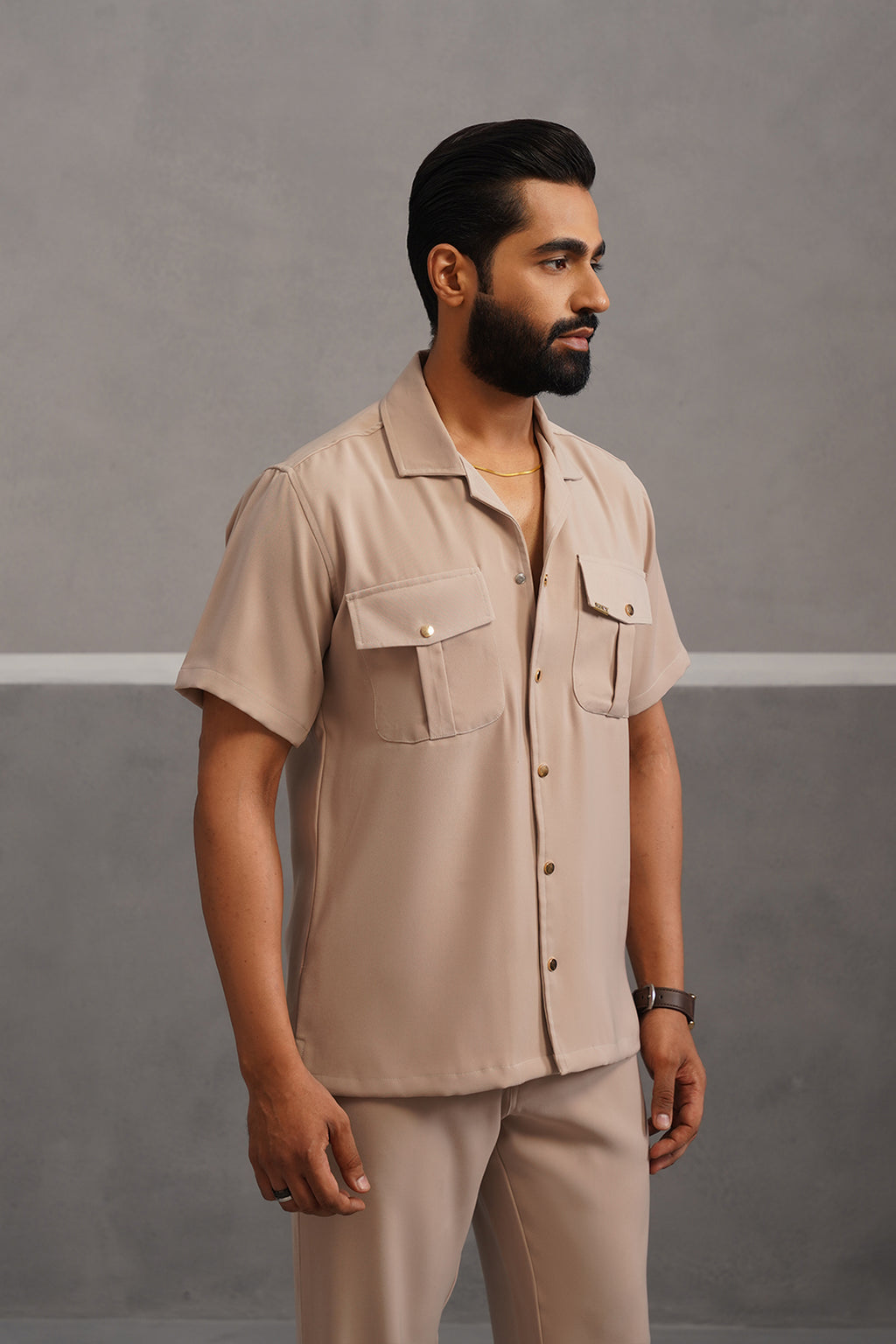Korean Lycra Luxe Half Sleeve Double Pocket Shirt - beige