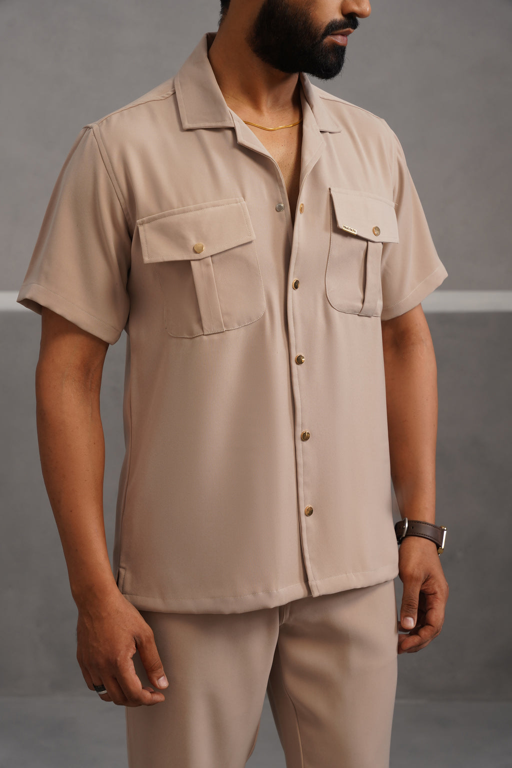 Korean Lycra Luxe Half Sleeve Double Pocket Shirt - beige