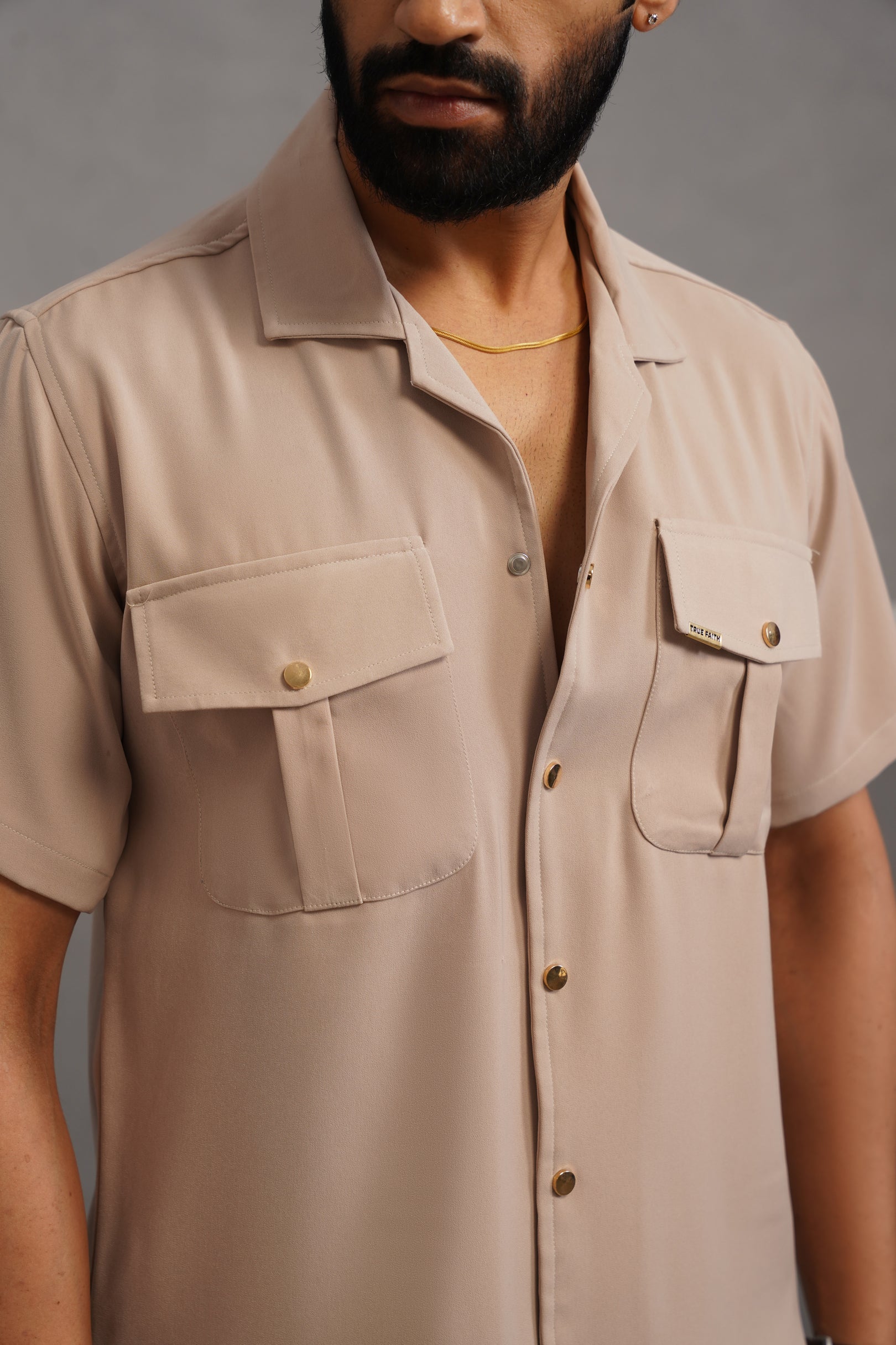 Korean Lycra Luxe Half Sleeve Double Pocket Shirt - beige