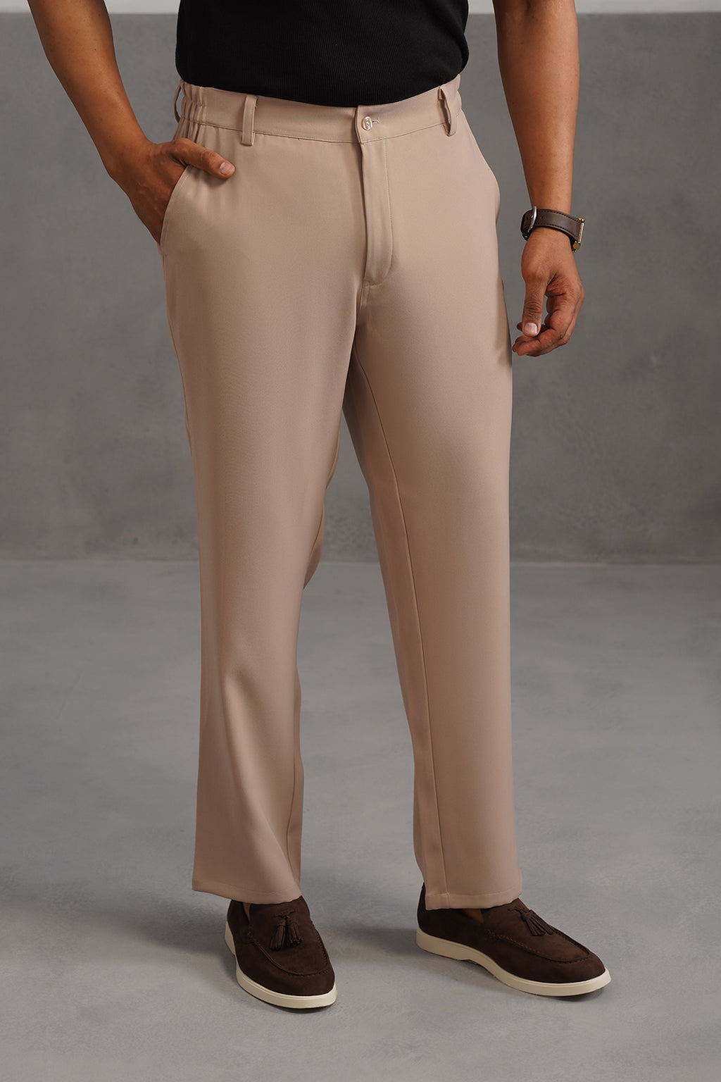 Korean Lycra Tailored Fit Flexi Waist Trouser - Beige