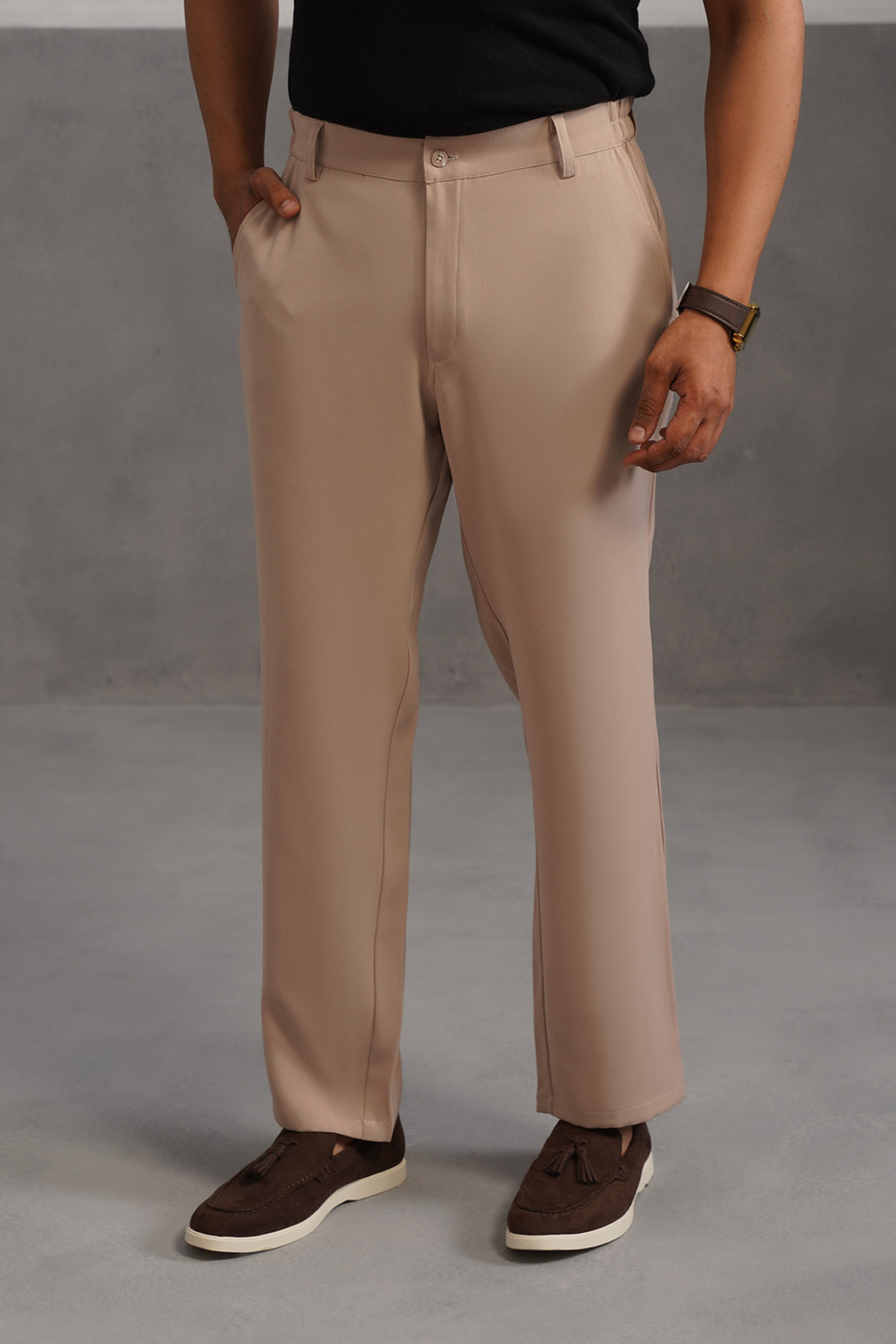 Korean Lycra Tailored Fit Flexi Waist Trouser - Beige