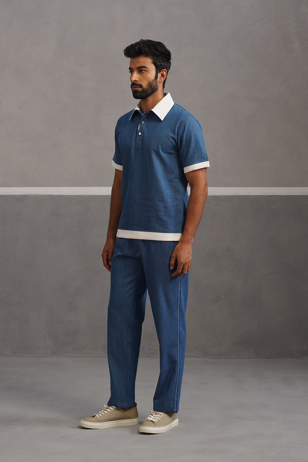 Denim Polo Collar Tshirt Coord Set - Medium Blue