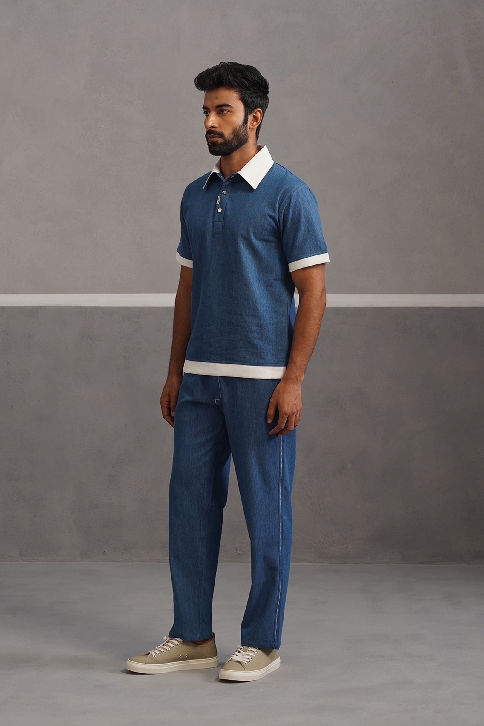 Denim Polo Collar Tshirt Coord Set - Medium Blue