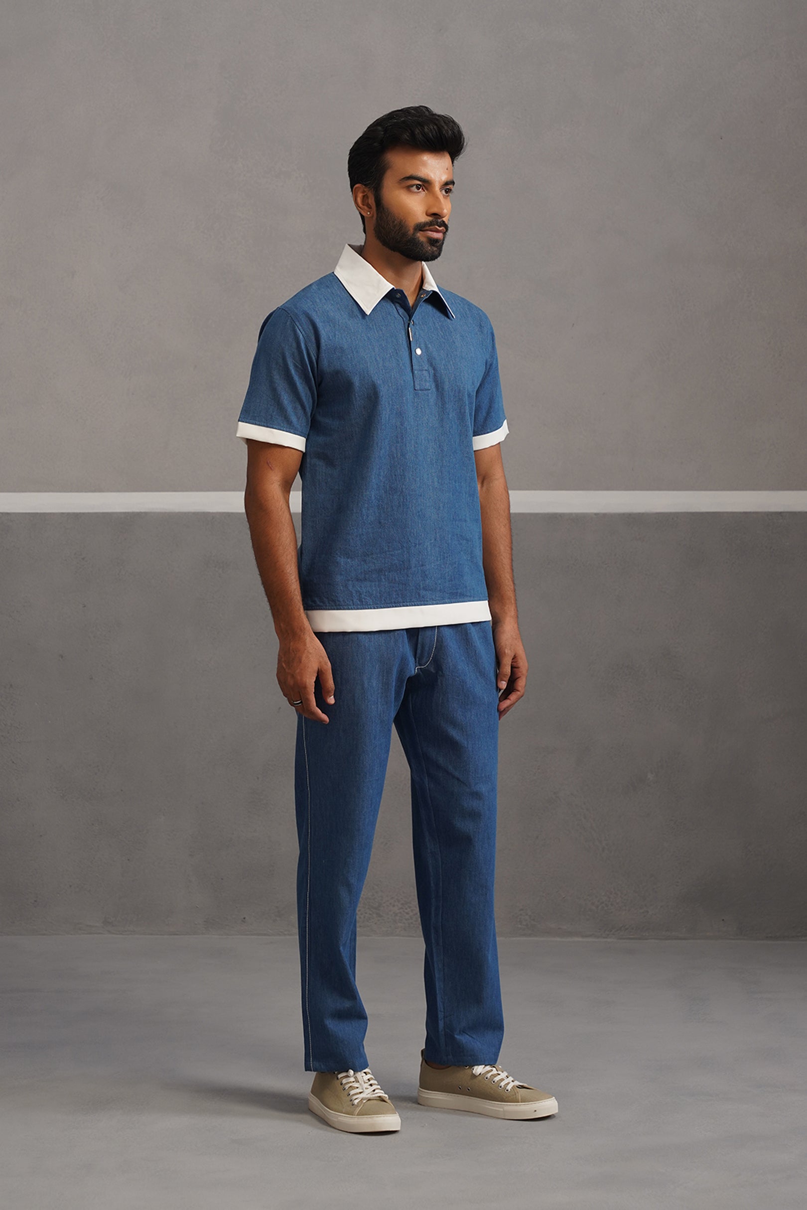 Denim Polo Collar Tshirt Coord Set - Medium Blue