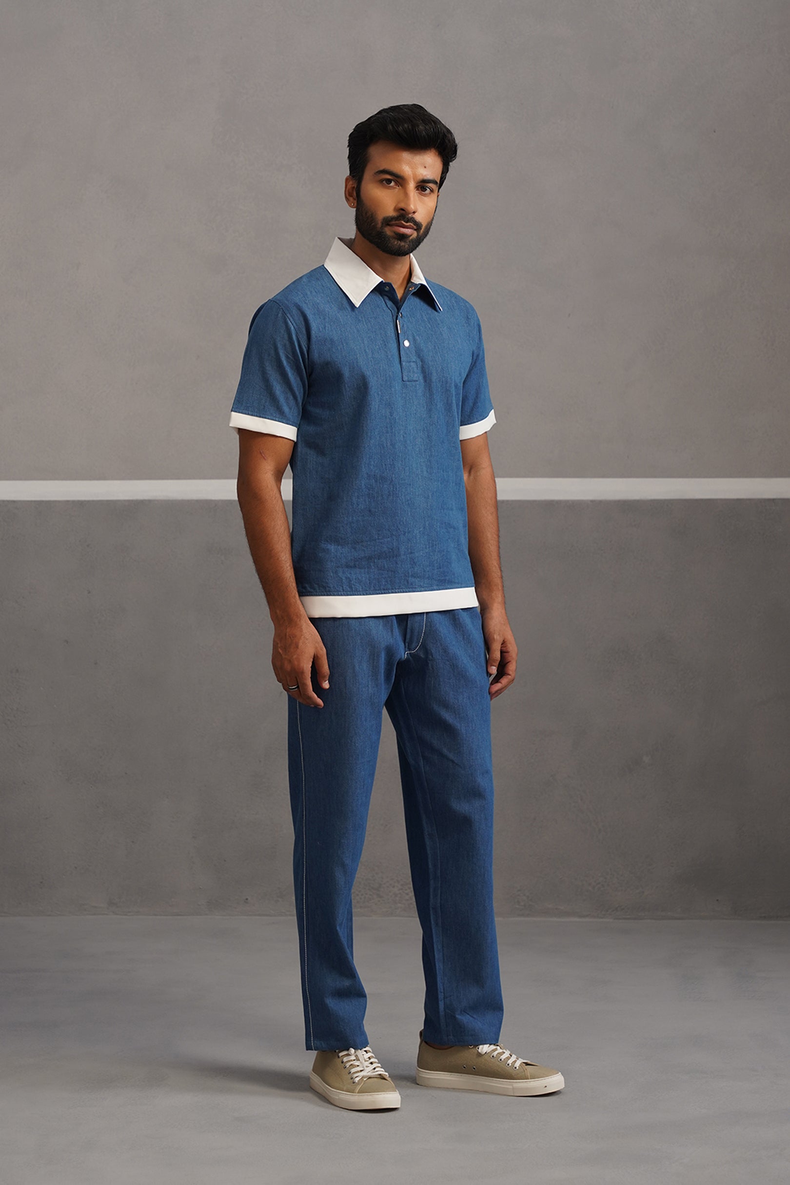 Denim Polo Collar Tshirt Coord Set - Medium Blue