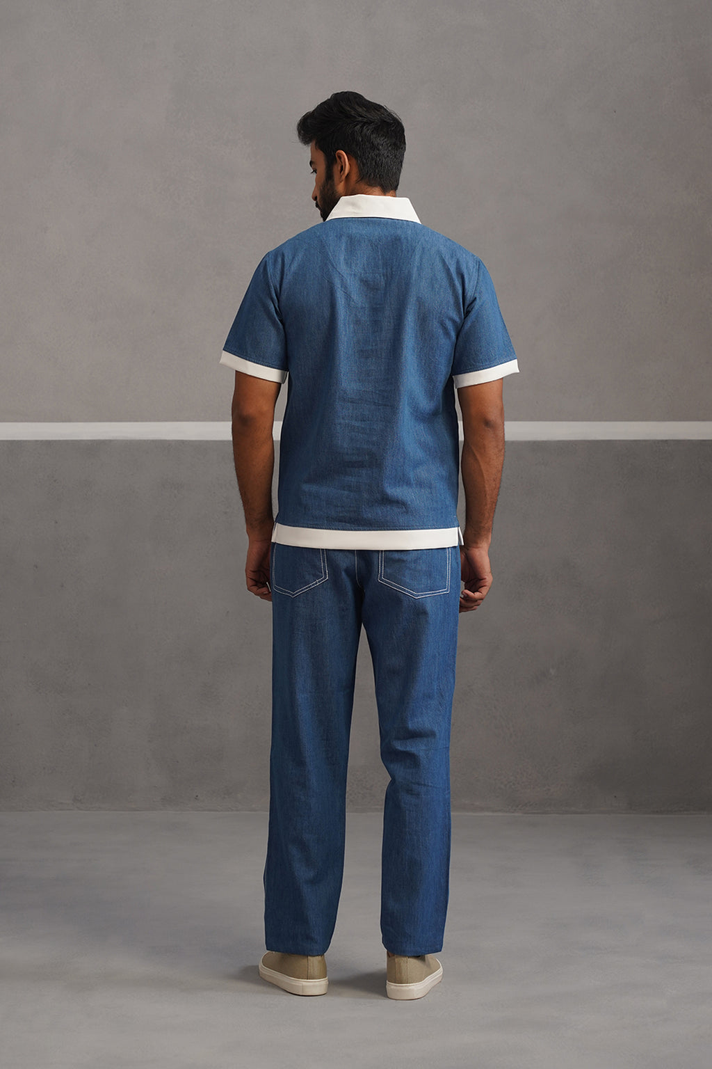 Denim Polo Collar Tshirt Coord Set - Medium Blue