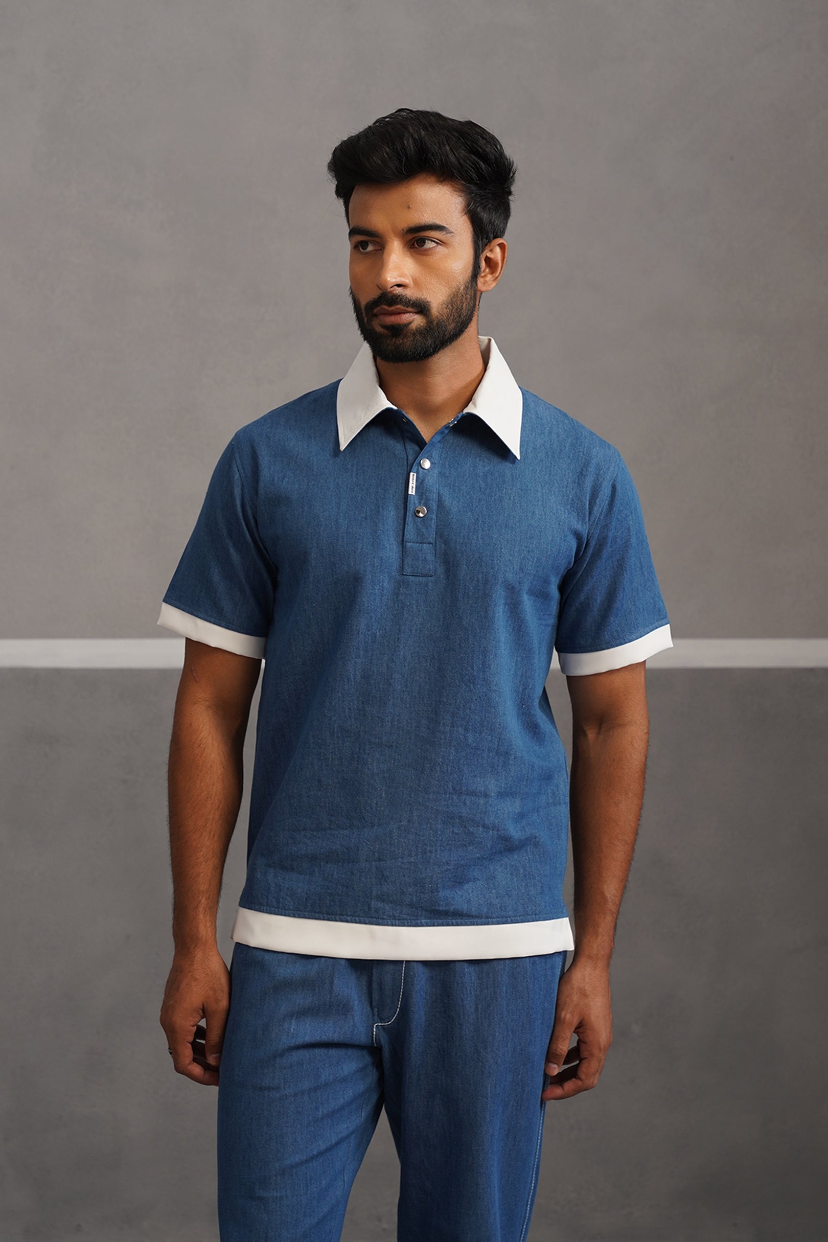 Denim Luxe Polo Collar Tshirt - Medium Blue
